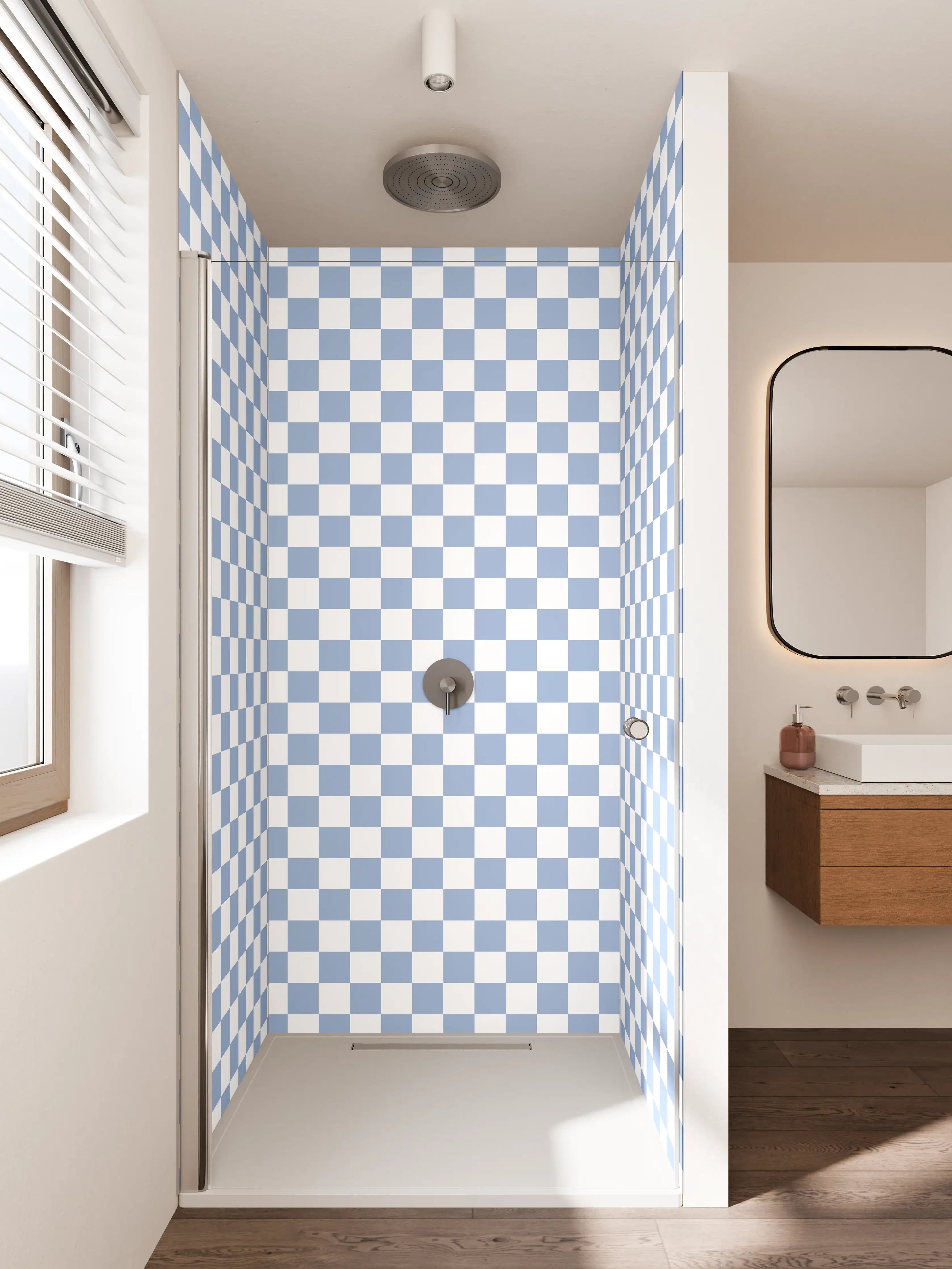 Duschrückwand - Blaue und weiße Karomuster Diagonalkachel