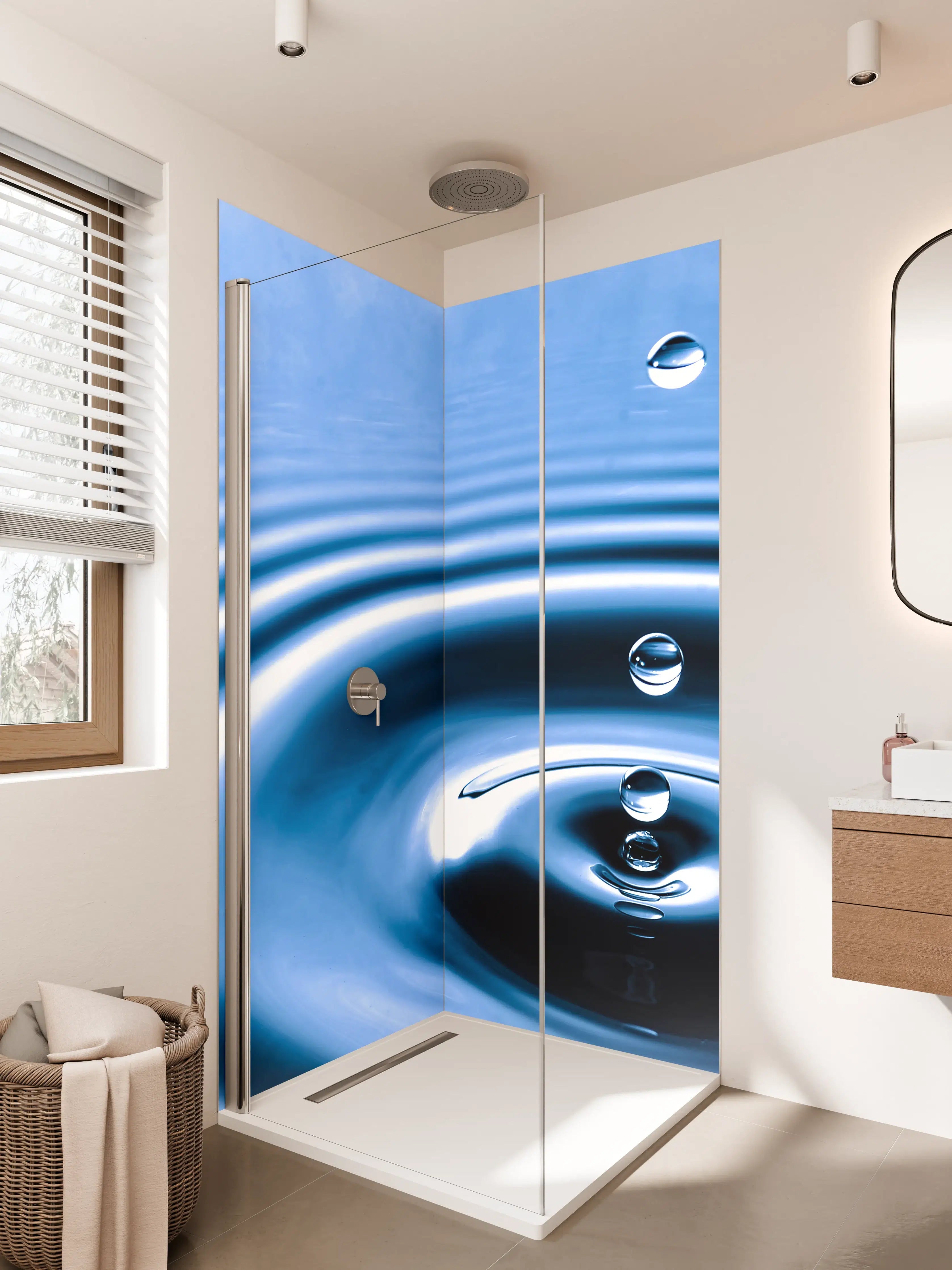 Duschrückwand - Blauer Wassertropfen mit Kreisen