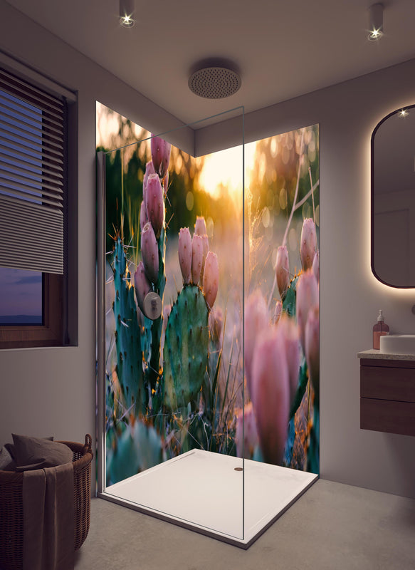 Duschrückwand - Blühender Kaktus bei Sonnenuntergang  in hellem Badezimmer mit Regenduschkopf  - zweiteilige Eck-Duschrückwand