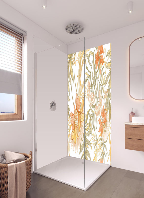 Duschrückwand - Blumenmuster in sanften Pastelltönen Wandbild in hellem Badezimmer mit Regenduschkopf  - zweiteilige Eck-Duschrückwand