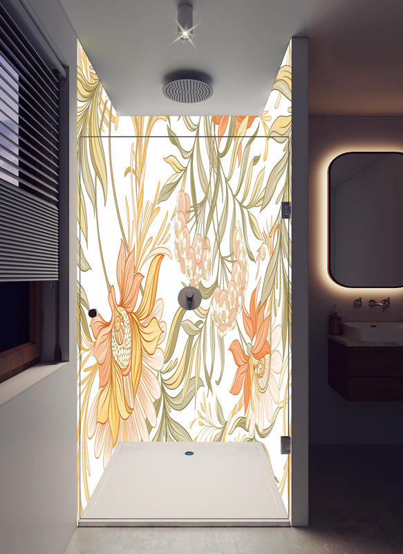 Duschrückwand - Blumenmuster in sanften Pastelltönen Wandbild in hellem Badezimmer mit Regenduschkopf  - zweiteilige Eck-Duschrückwand