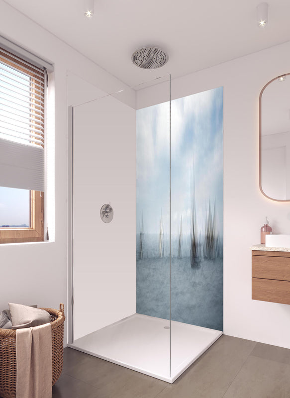 Duschrückwand - Boote im Meer - Unscharf in hellem Badezimmer mit Regenduschkopf  - zweiteilige Eck-Duschrückwand