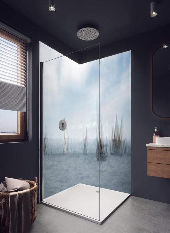 Duschrückwand - Boote im Meer - Unscharf in hellem Badezimmer mit Regenduschkopf  - zweiteilige Eck-Duschrückwand