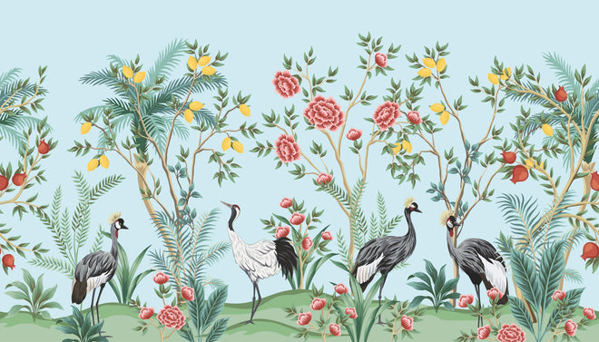 Duschrückwand - Botanische Tapete mit exotischen Vögeln