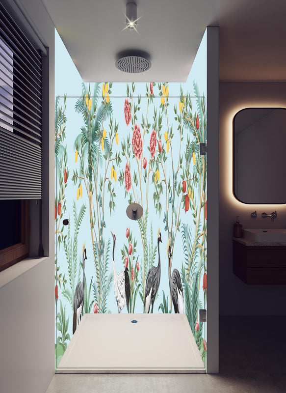 Duschrückwand - Botanische Tapete mit exotischen Vögeln in hellem Badezimmer mit Regenduschkopf  - zweiteilige Eck-Duschrückwand