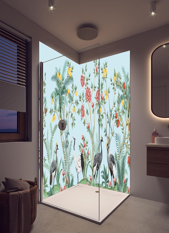 Duschrückwand - Botanische Tapete mit exotischen Vögeln in hellem Badezimmer mit Regenduschkopf  - zweiteilige Eck-Duschrückwand