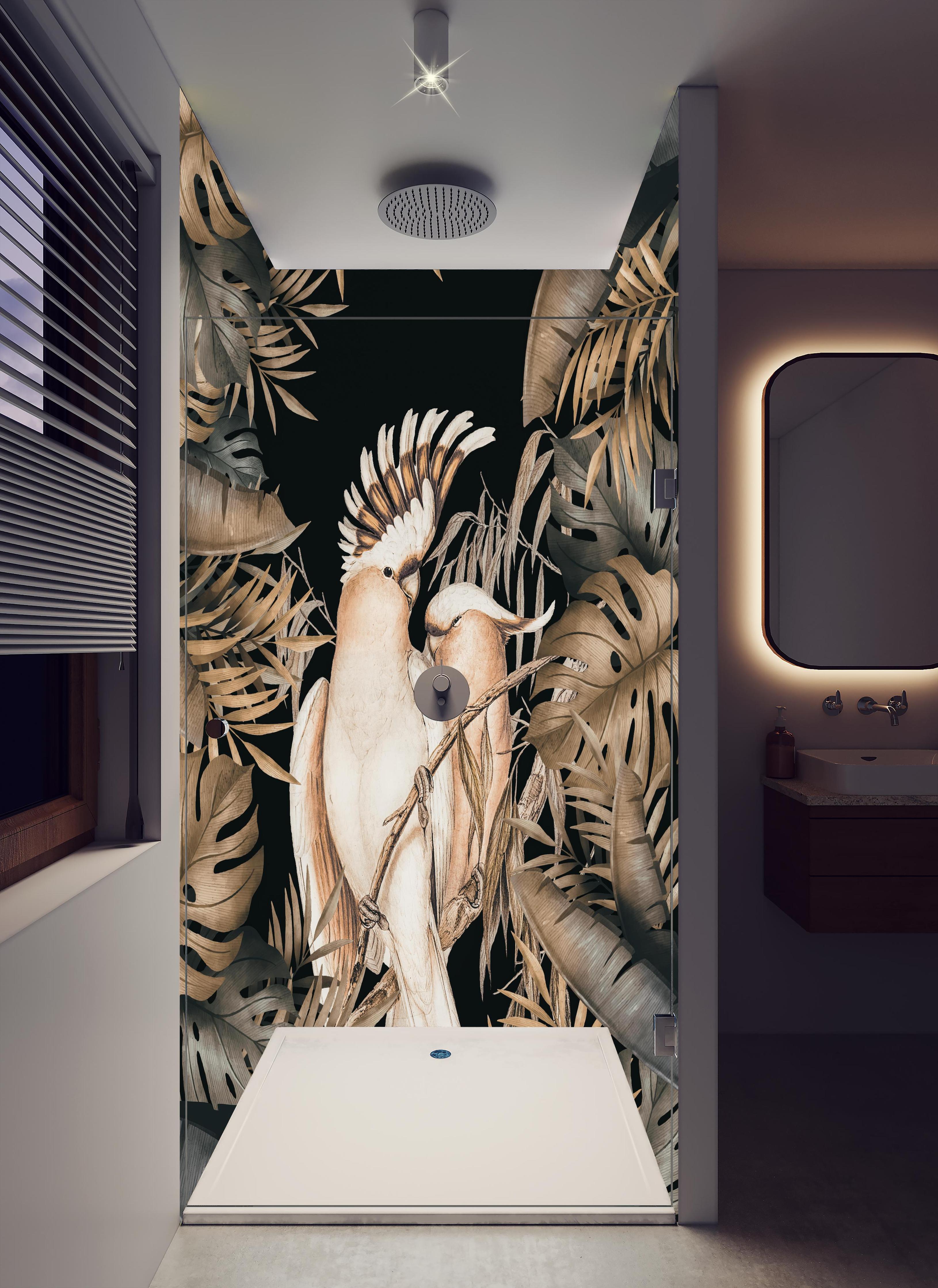 Duschrückwand - Bräunliche Kakadus Malerei in hellem Badezimmer mit Regenduschkopf  - zweiteilige Eck-Duschrückwand