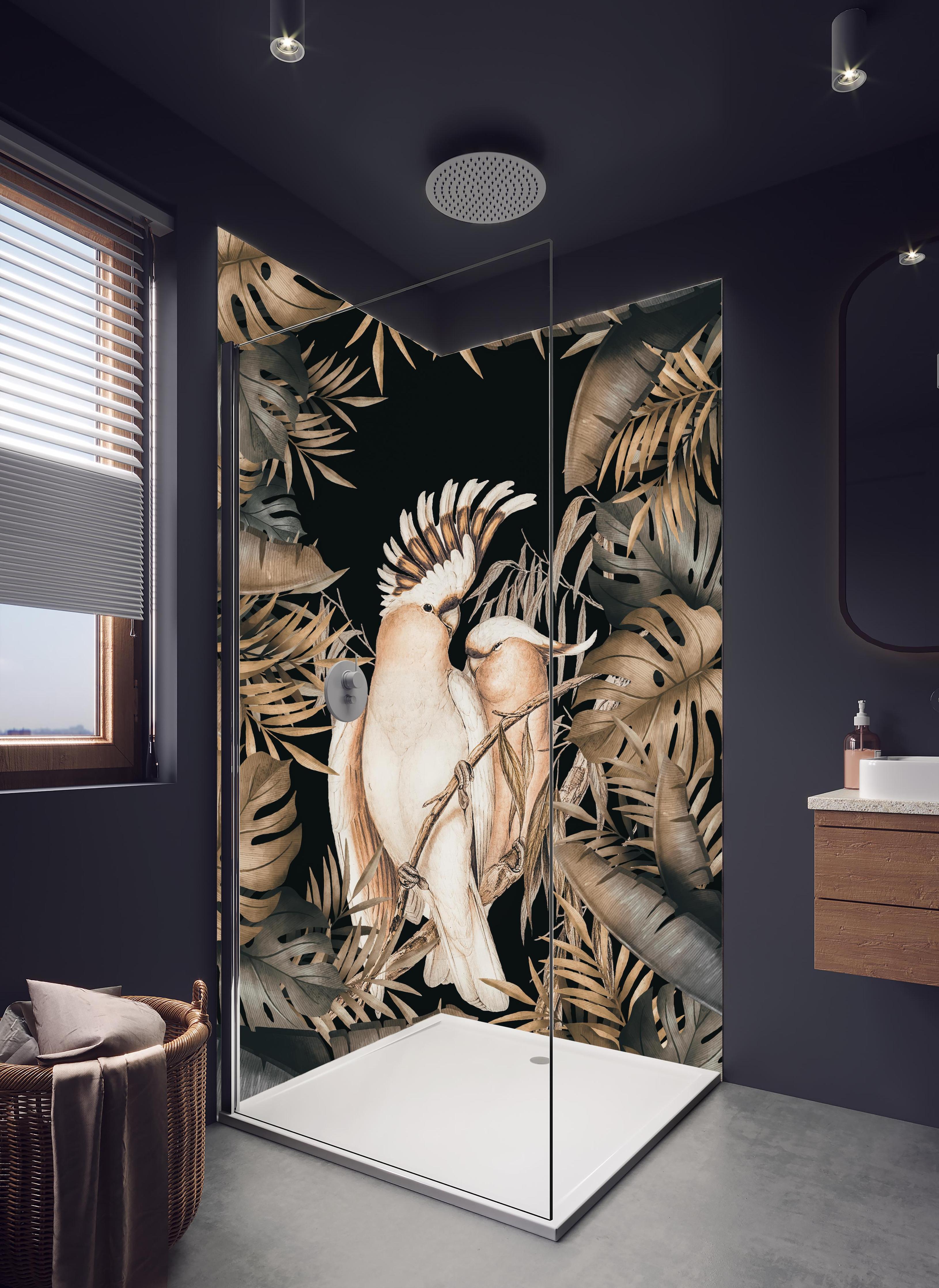 Duschrückwand - Bräunliche Kakadus Malerei in hellem Badezimmer mit Regenduschkopf  - zweiteilige Eck-Duschrückwand