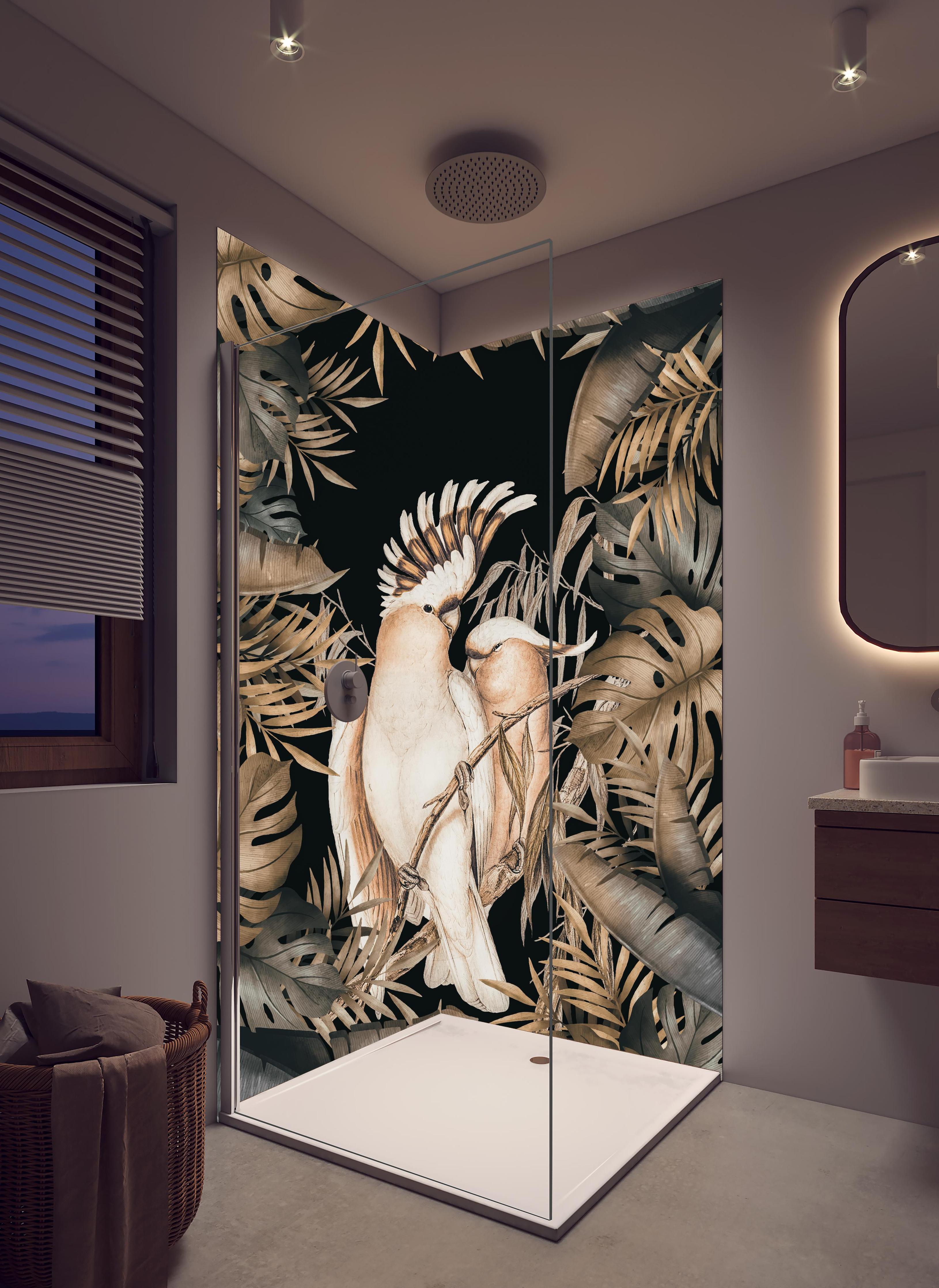 Duschrückwand - Bräunliche Kakadus Malerei in hellem Badezimmer mit Regenduschkopf  - zweiteilige Eck-Duschrückwand