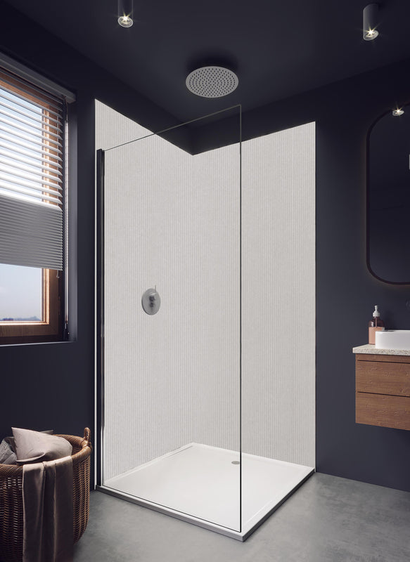 Duschrückwand - Bräunliches Kord Textil in hellem Badezimmer mit Regenduschkopf  - zweiteilige Eck-Duschrückwand
