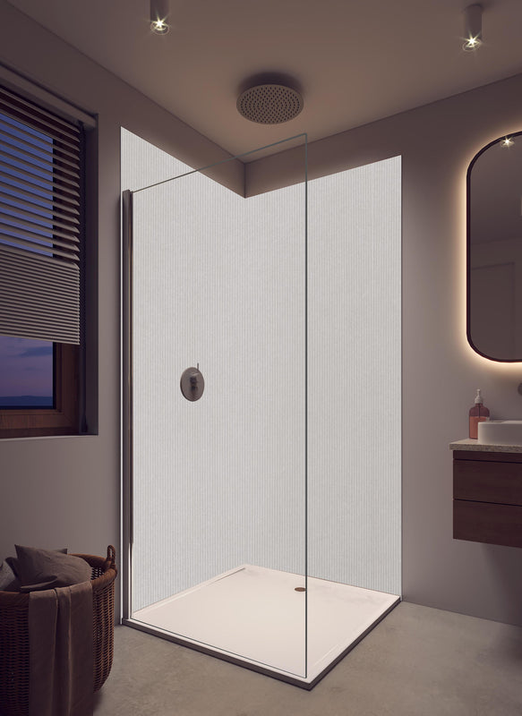 Duschrückwand - Bräunliches Kord Textil in hellem Badezimmer mit Regenduschkopf  - zweiteilige Eck-Duschrückwand