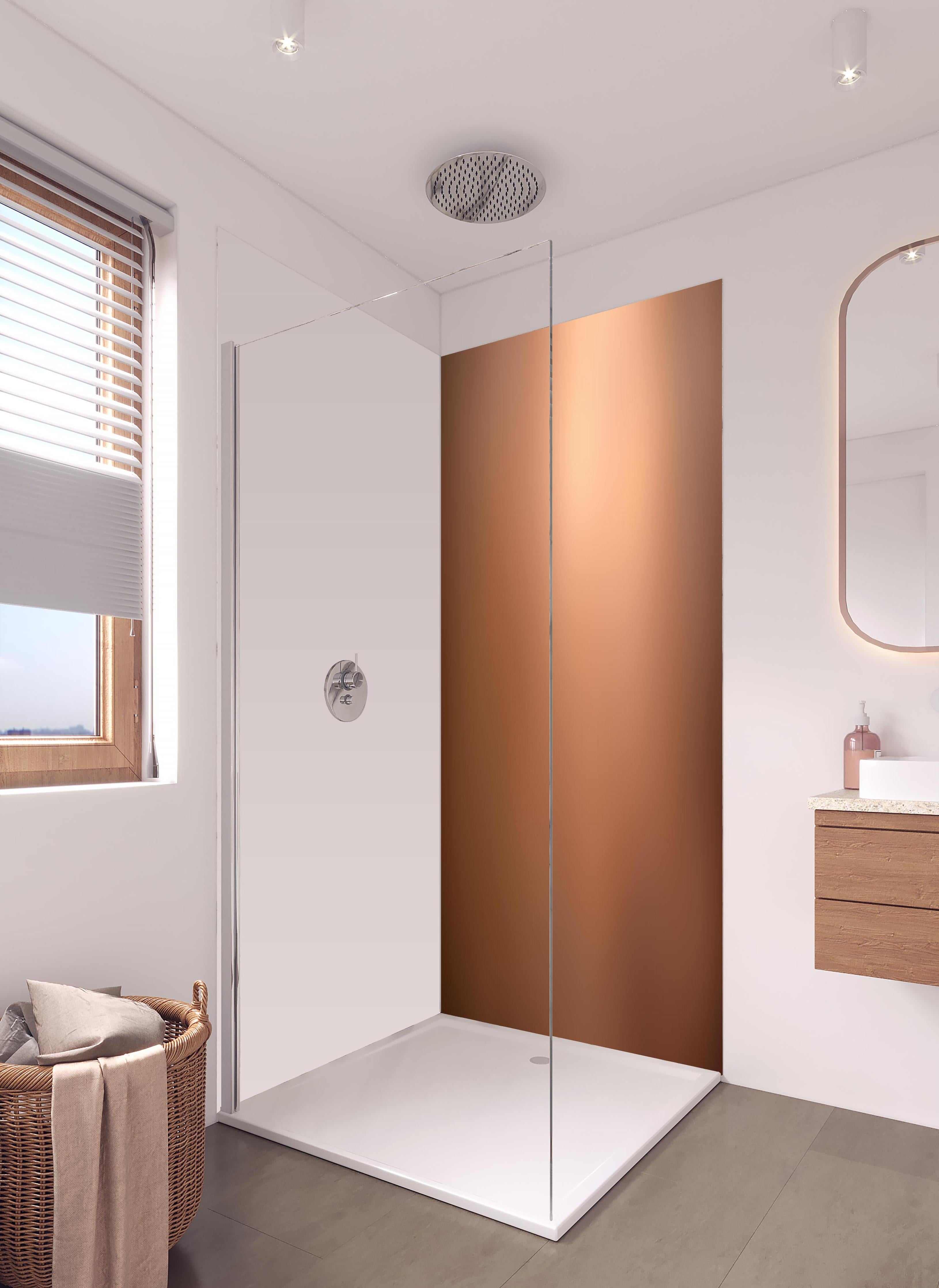 Duschrückwand - Braun, beiges Muster in hellem Badezimmer mit Regenduschkopf  - zweiteilige Eck-Duschrückwand