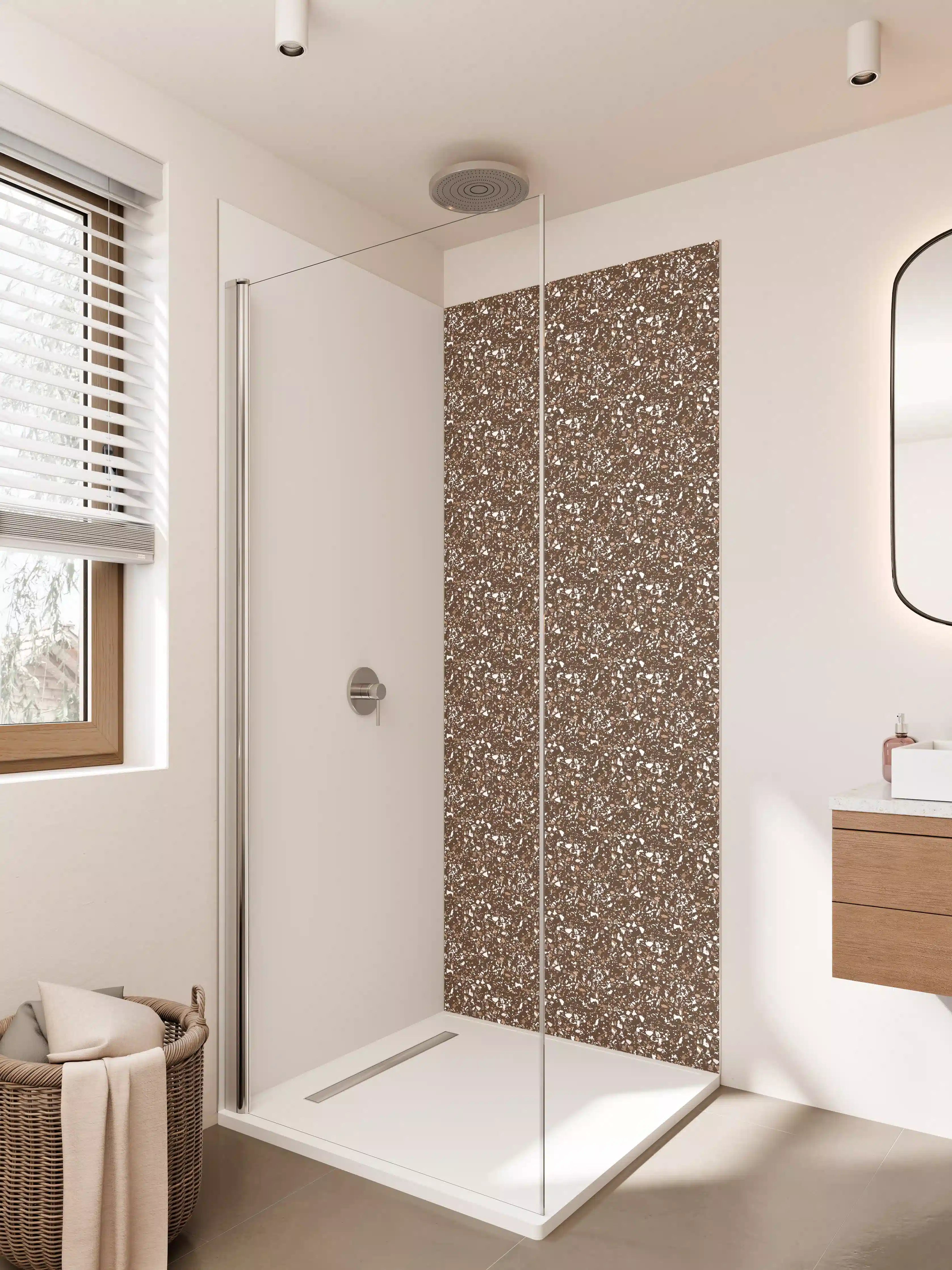 Duschrückwand - Braune Glitzer-Textur mit weißen Akzenten