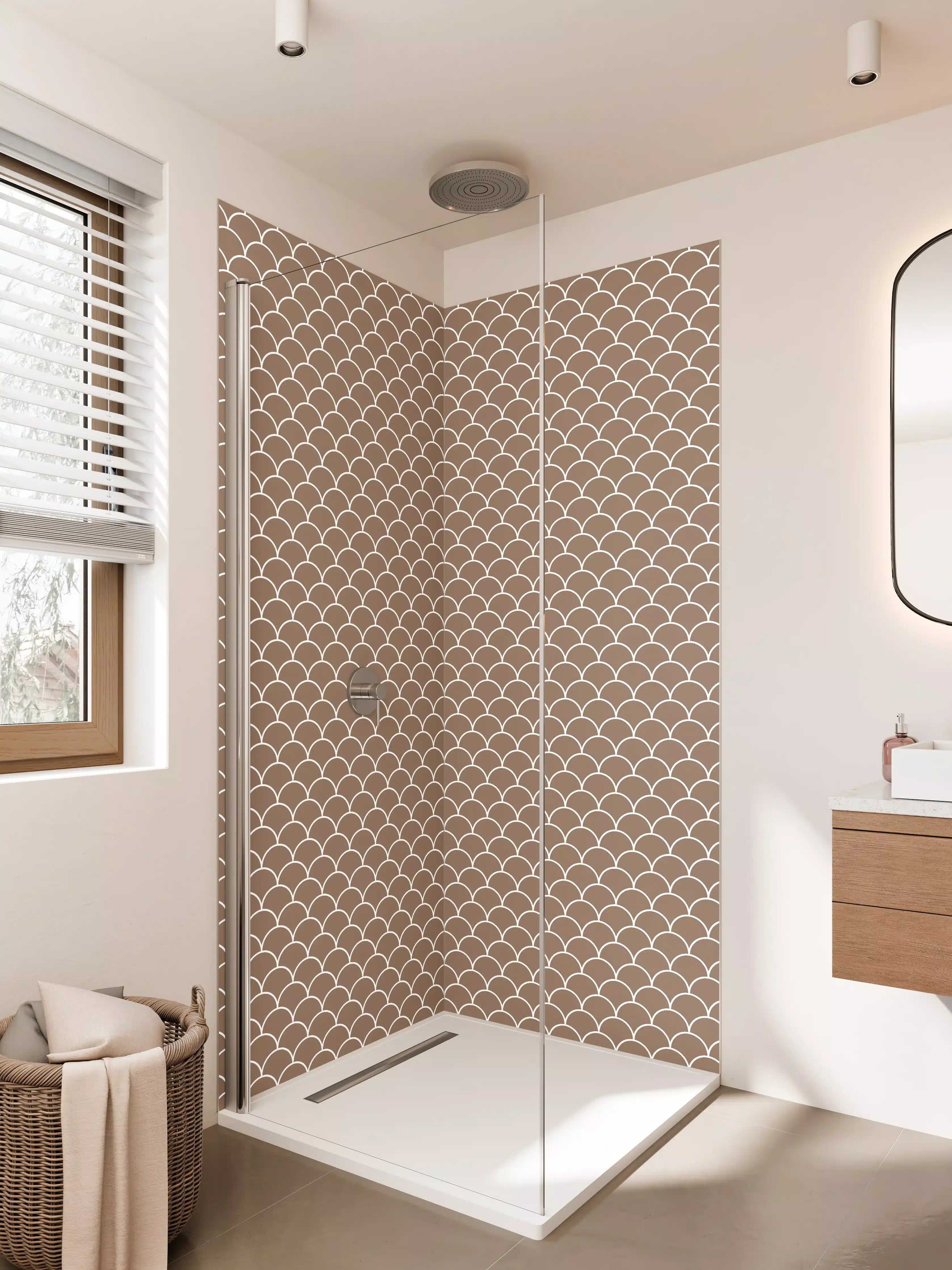 Duschrückwand - Braune Schuppen-Muster mit Weißlinien