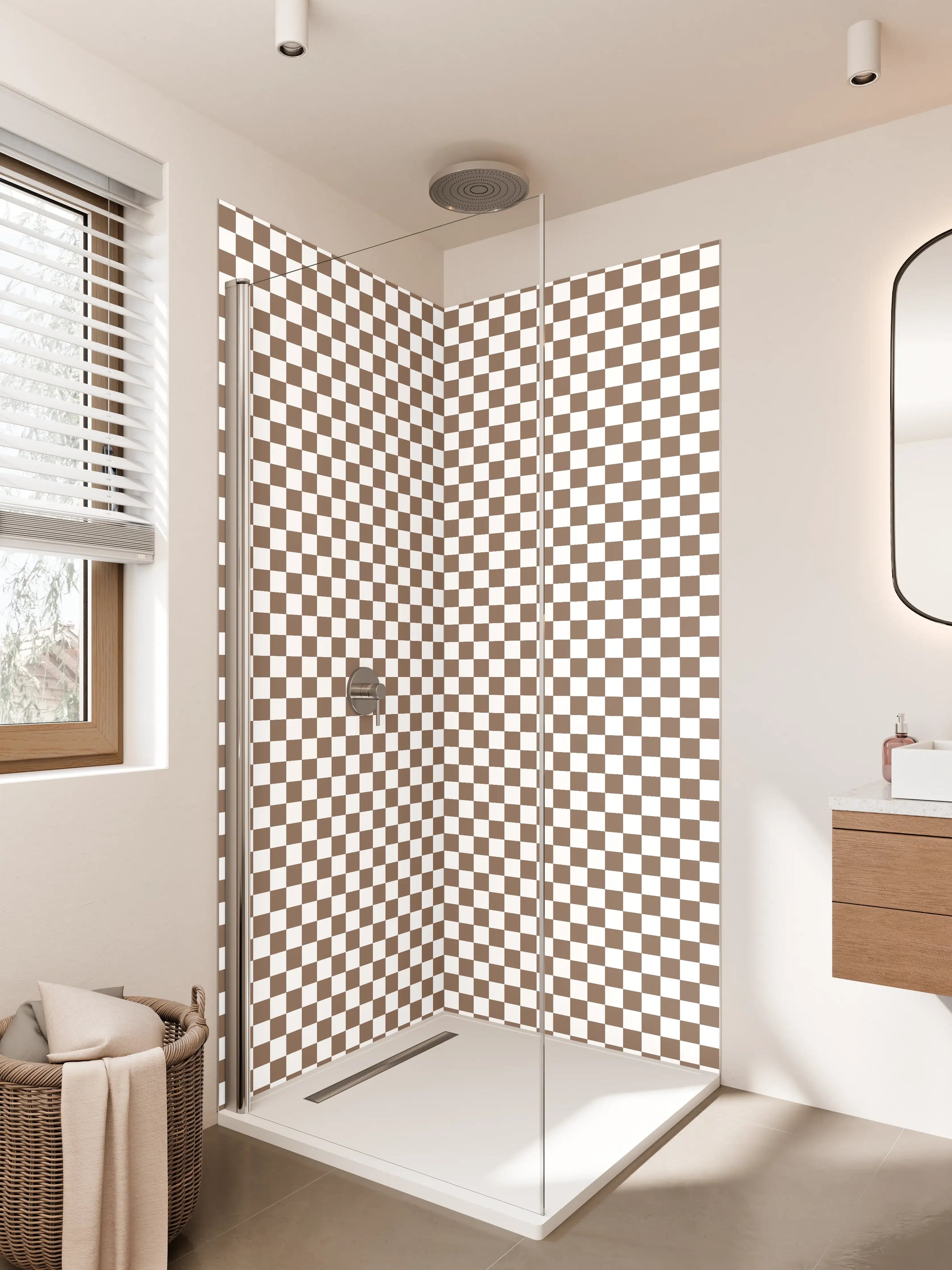 Duschrückwand - Braune und weiße Karomuster-Fliese