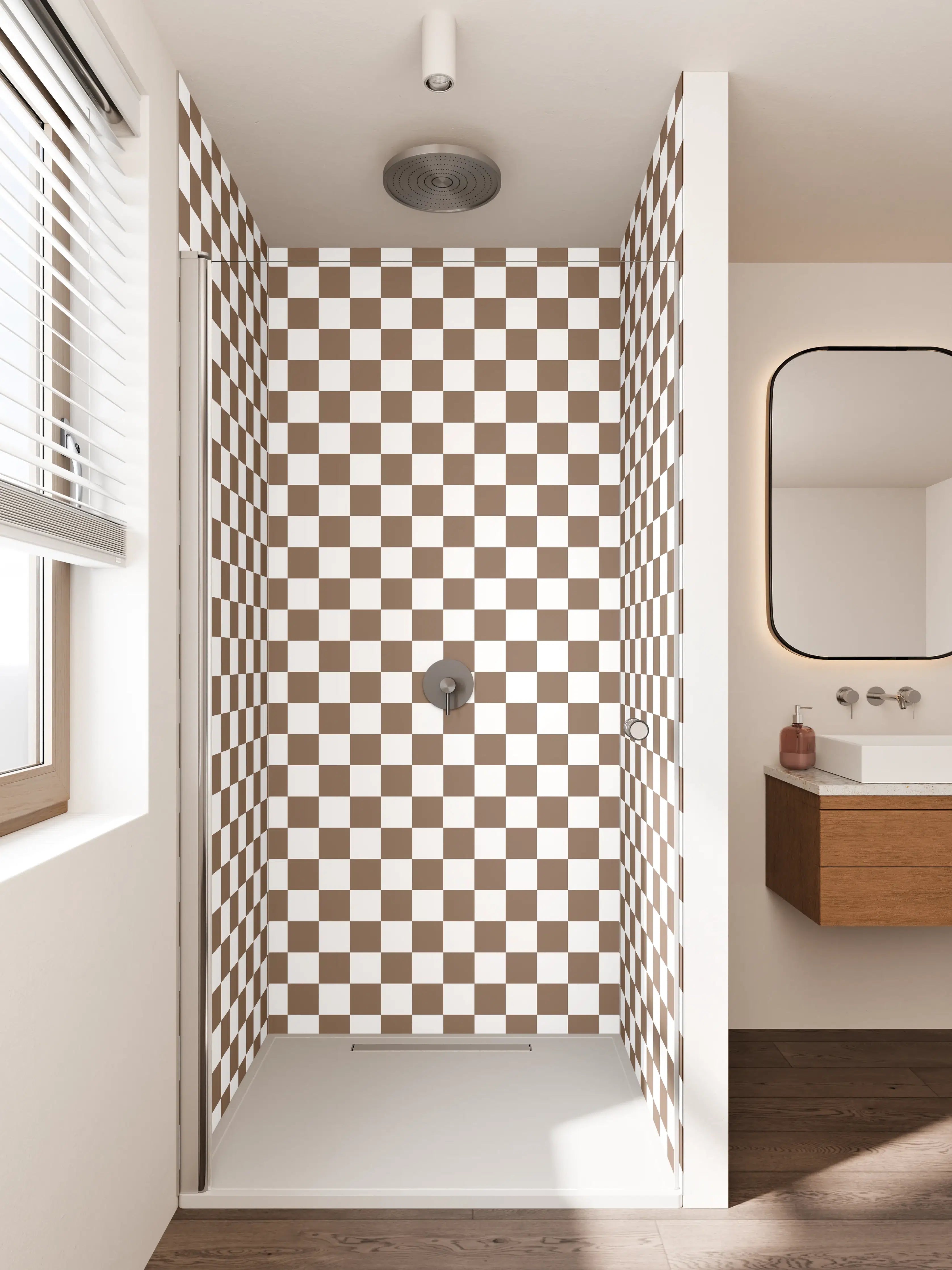 Duschrückwand - Braune und weiße Karomuster-Fliese