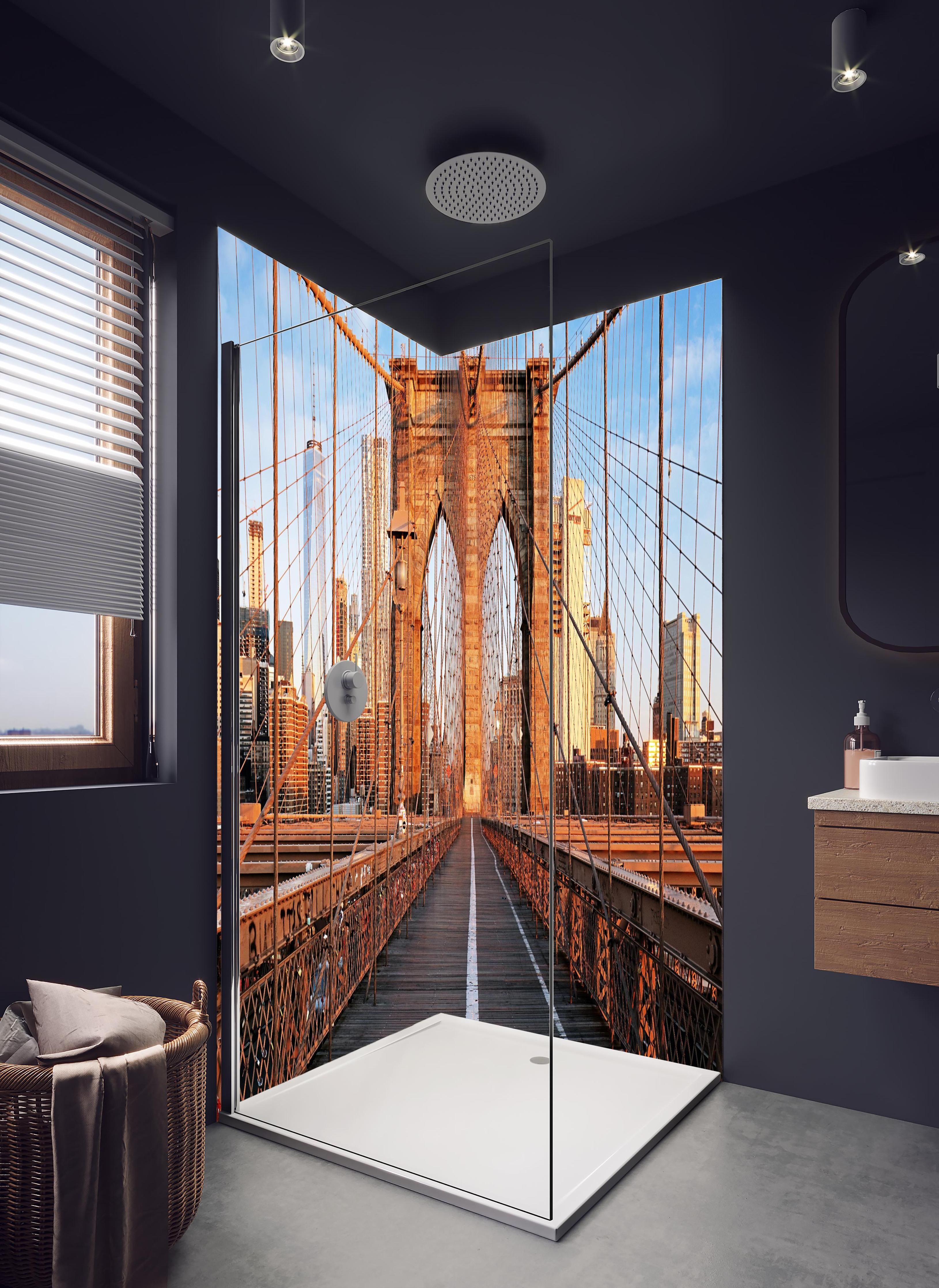 Duschrückwand - Brooklyn Bridge bei Sonnenaufgang in hellem Badezimmer mit Regenduschkopf  - zweiteilige Eck-Duschrückwand