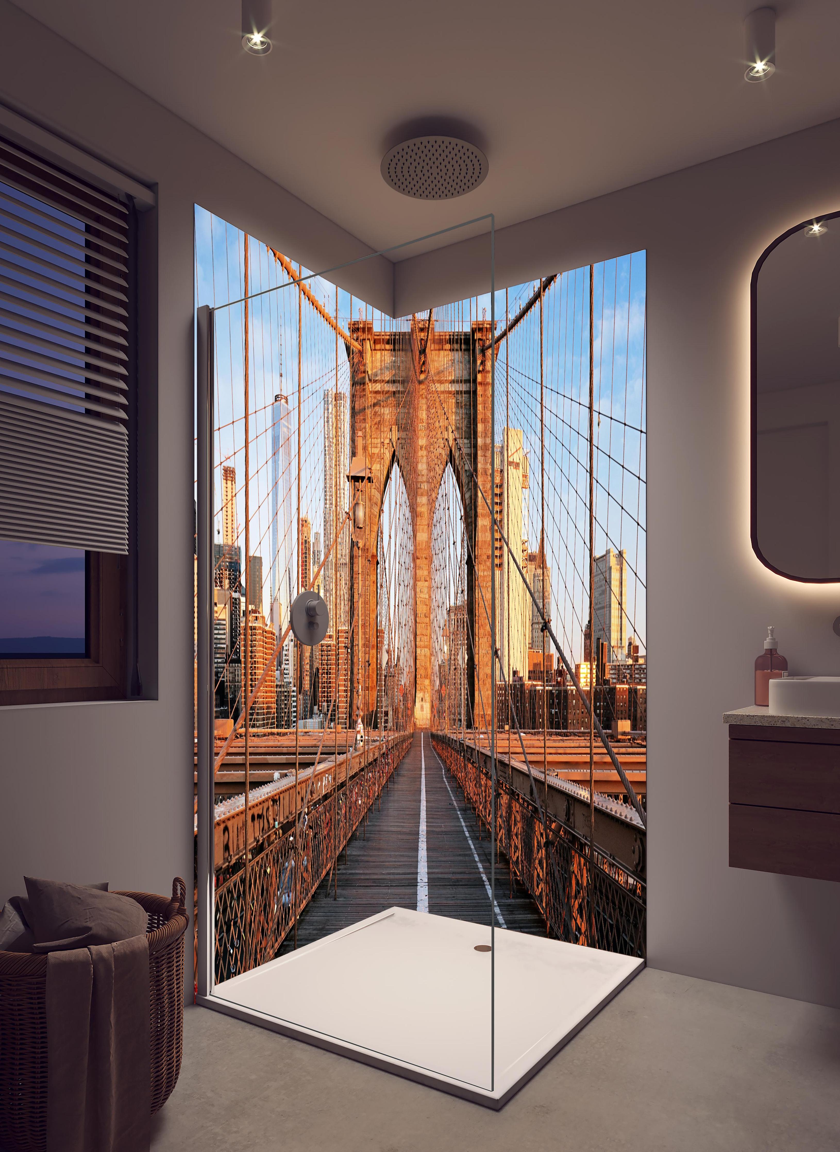 Duschrückwand - Brooklyn Bridge bei Sonnenaufgang in hellem Badezimmer mit Regenduschkopf  - zweiteilige Eck-Duschrückwand