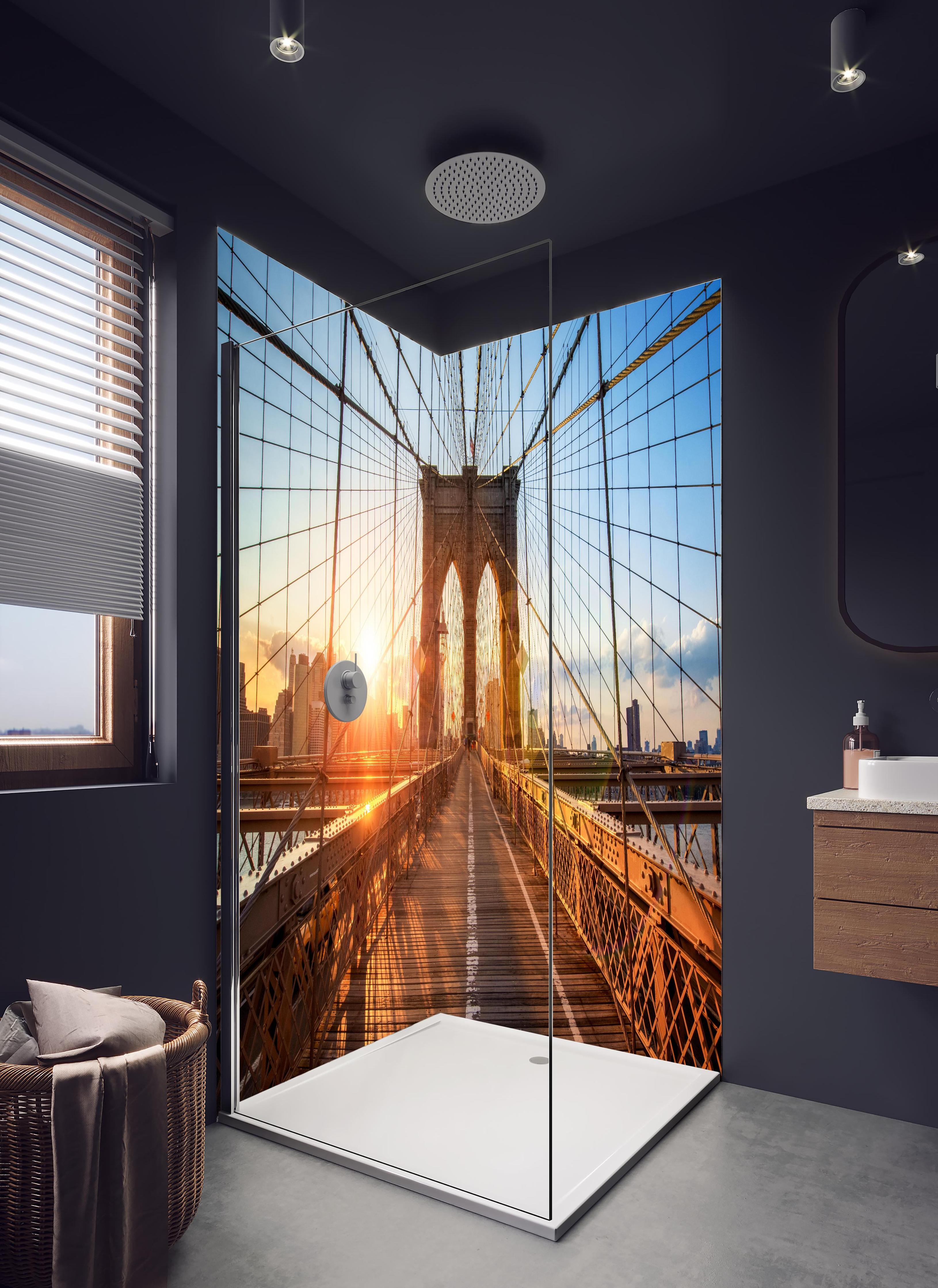 Duschrückwand - Brooklyn Bridge bei Sonnenuntergang  in hellem Badezimmer mit Regenduschkopf  - zweiteilige Eck-Duschrückwand