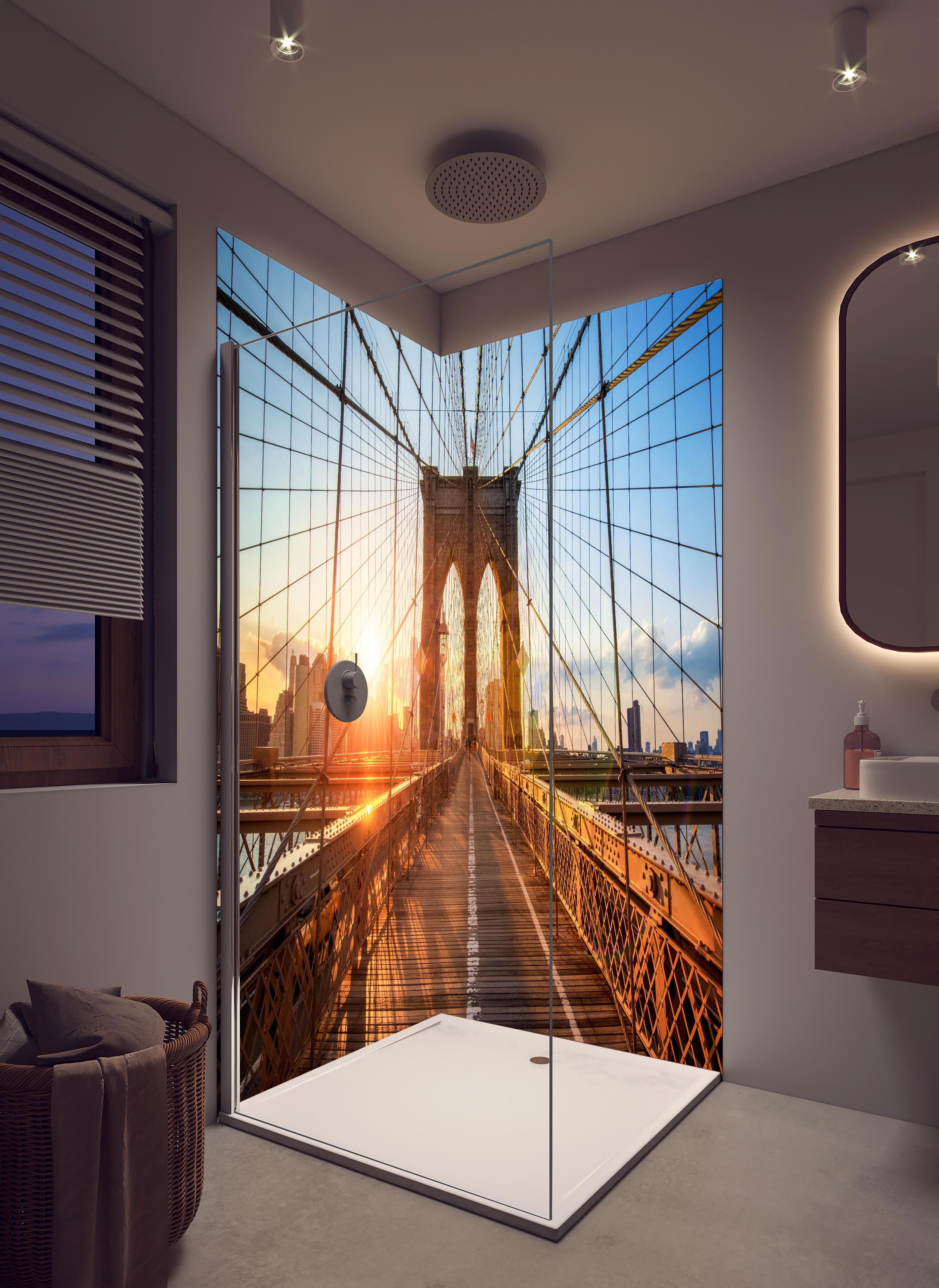 Duschrückwand - Brooklyn Bridge bei Sonnenuntergang  in hellem Badezimmer mit Regenduschkopf  - zweiteilige Eck-Duschrückwand