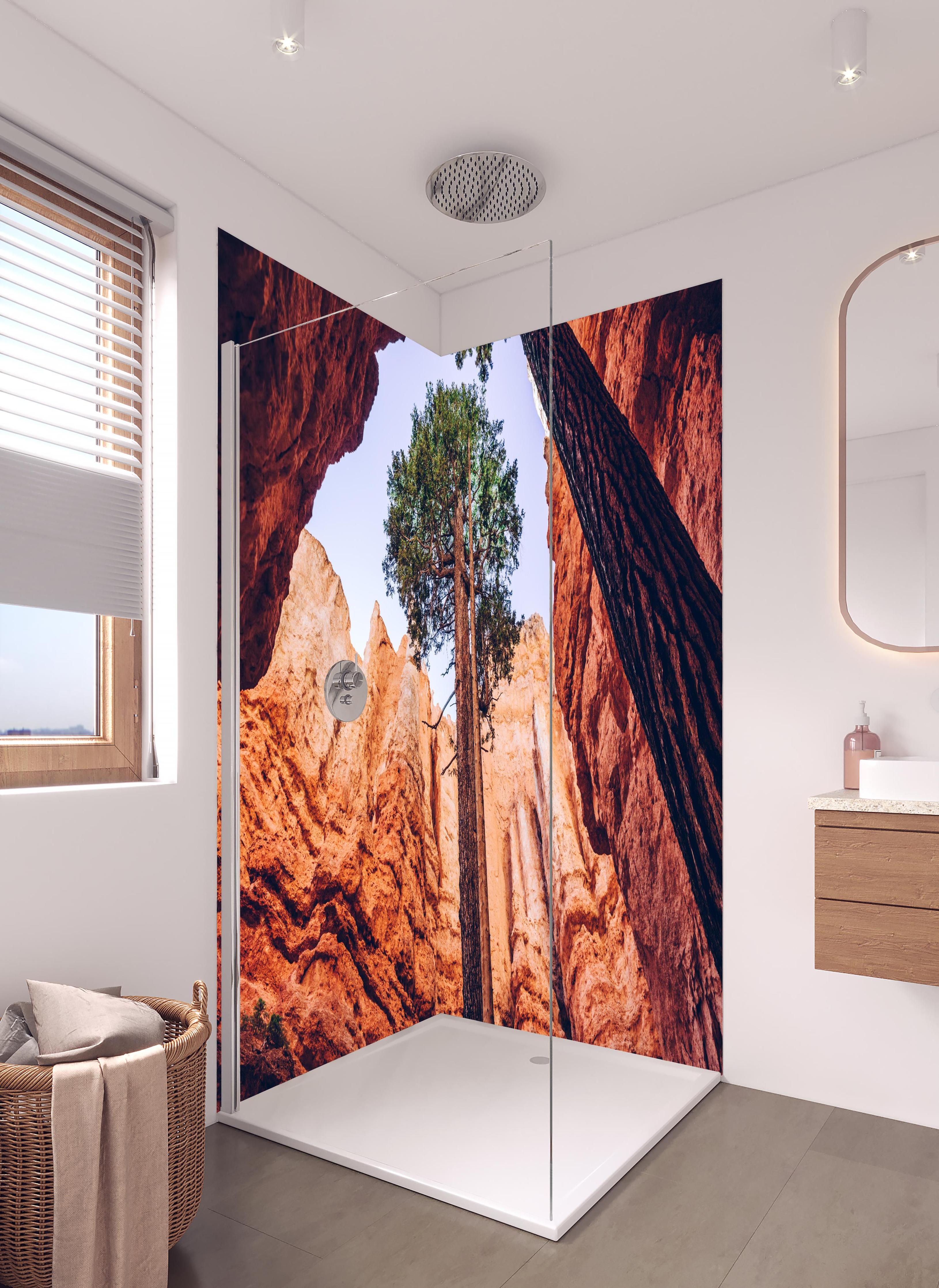 Duschrückwand - Bryce Canyon Felsen Himmel Baum in hellem Badezimmer mit Regenduschkopf  - zweiteilige Eck-Duschrückwand