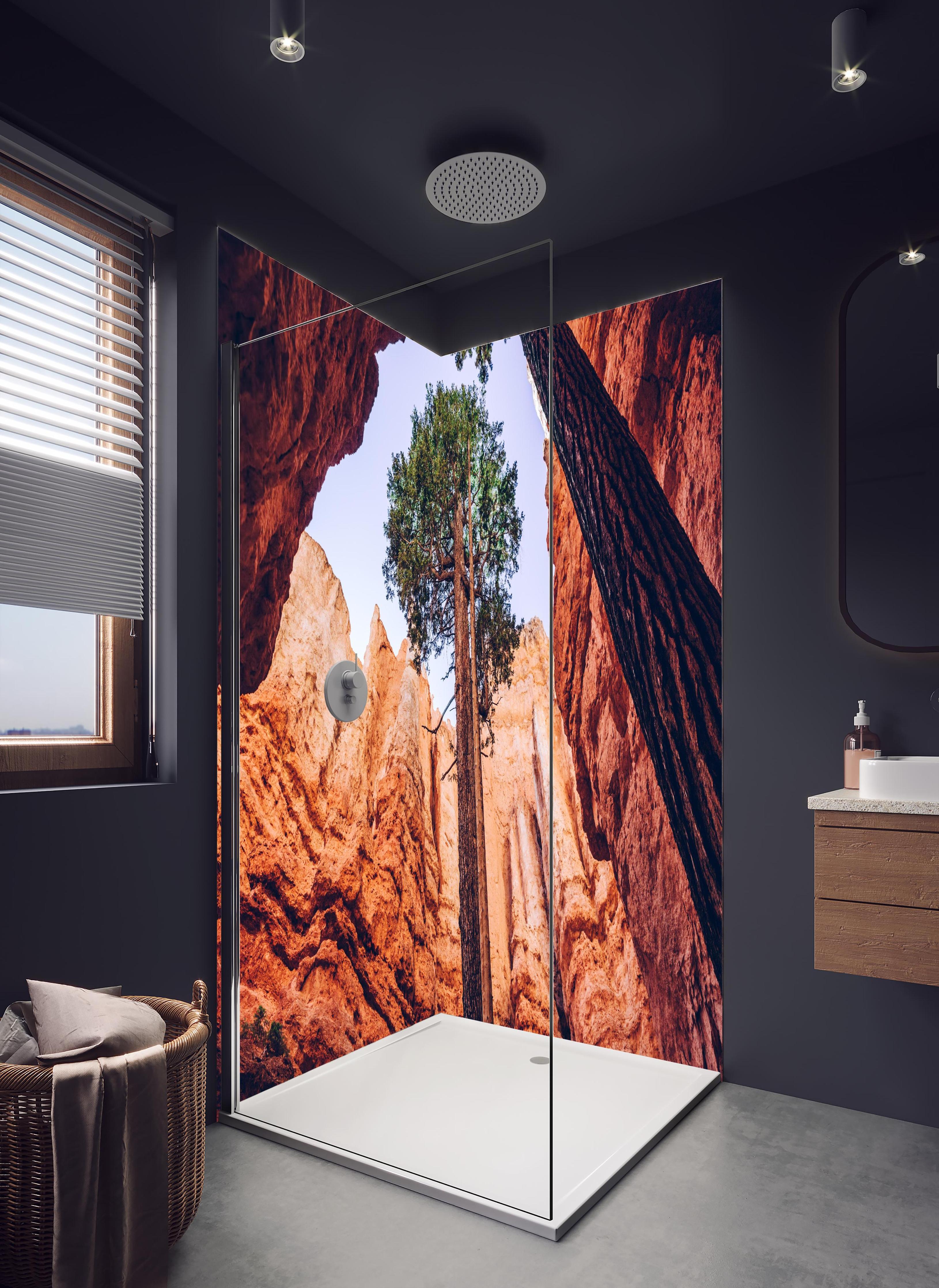 Duschrückwand - Bryce Canyon Felsen Himmel Baum in hellem Badezimmer mit Regenduschkopf  - zweiteilige Eck-Duschrückwand