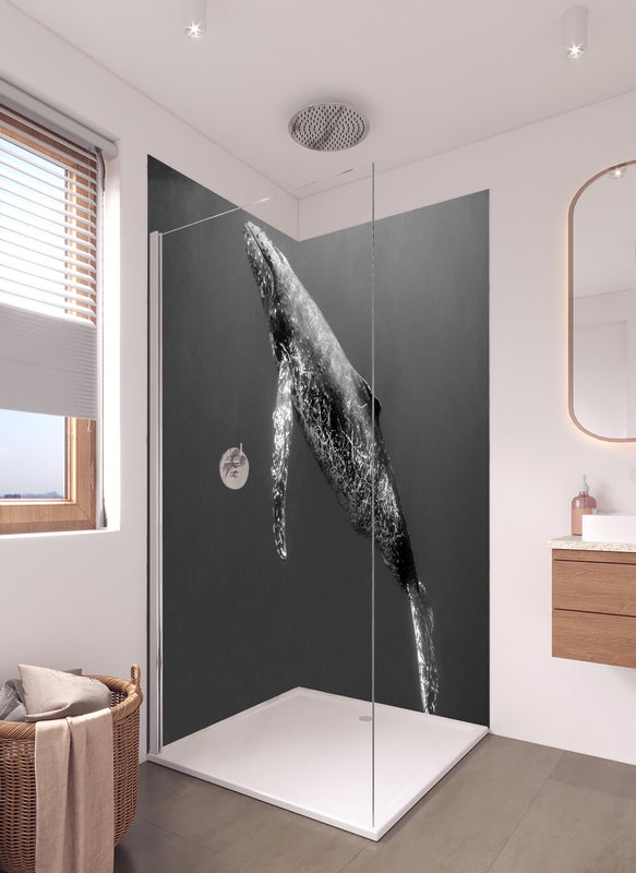 Duschrückwand - Buckelwal in hellem Badezimmer mit Regenduschkopf  - zweiteilige Eck-Duschrückwand