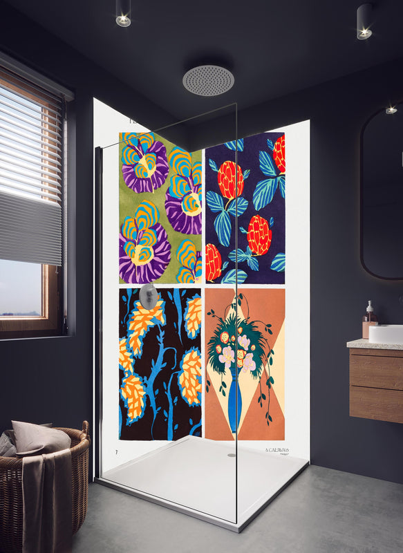 Duschrückwand - Bunte Blumenmuster in hellem Badezimmer mit Regenduschkopf  - zweiteilige Eck-Duschrückwand