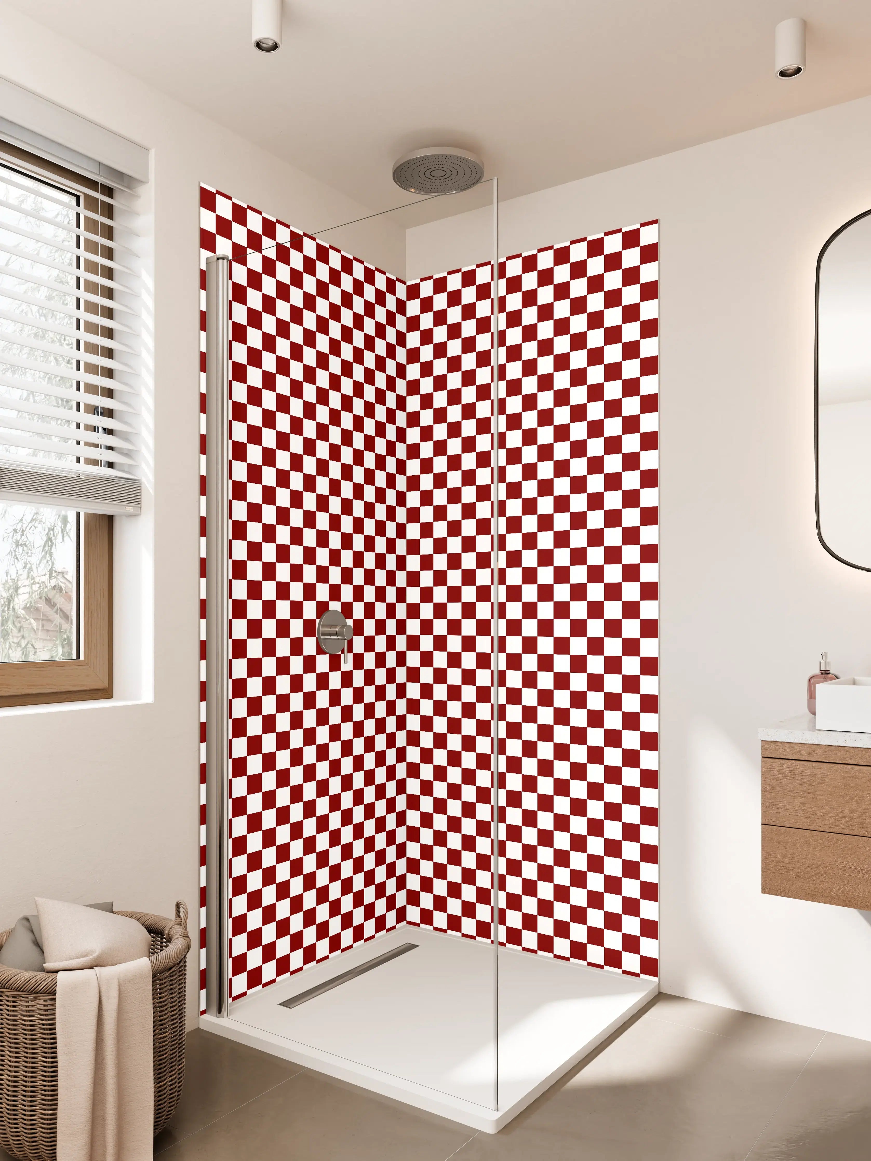 Duschrückwand - Bunte Karomuster in Rot und Weiß