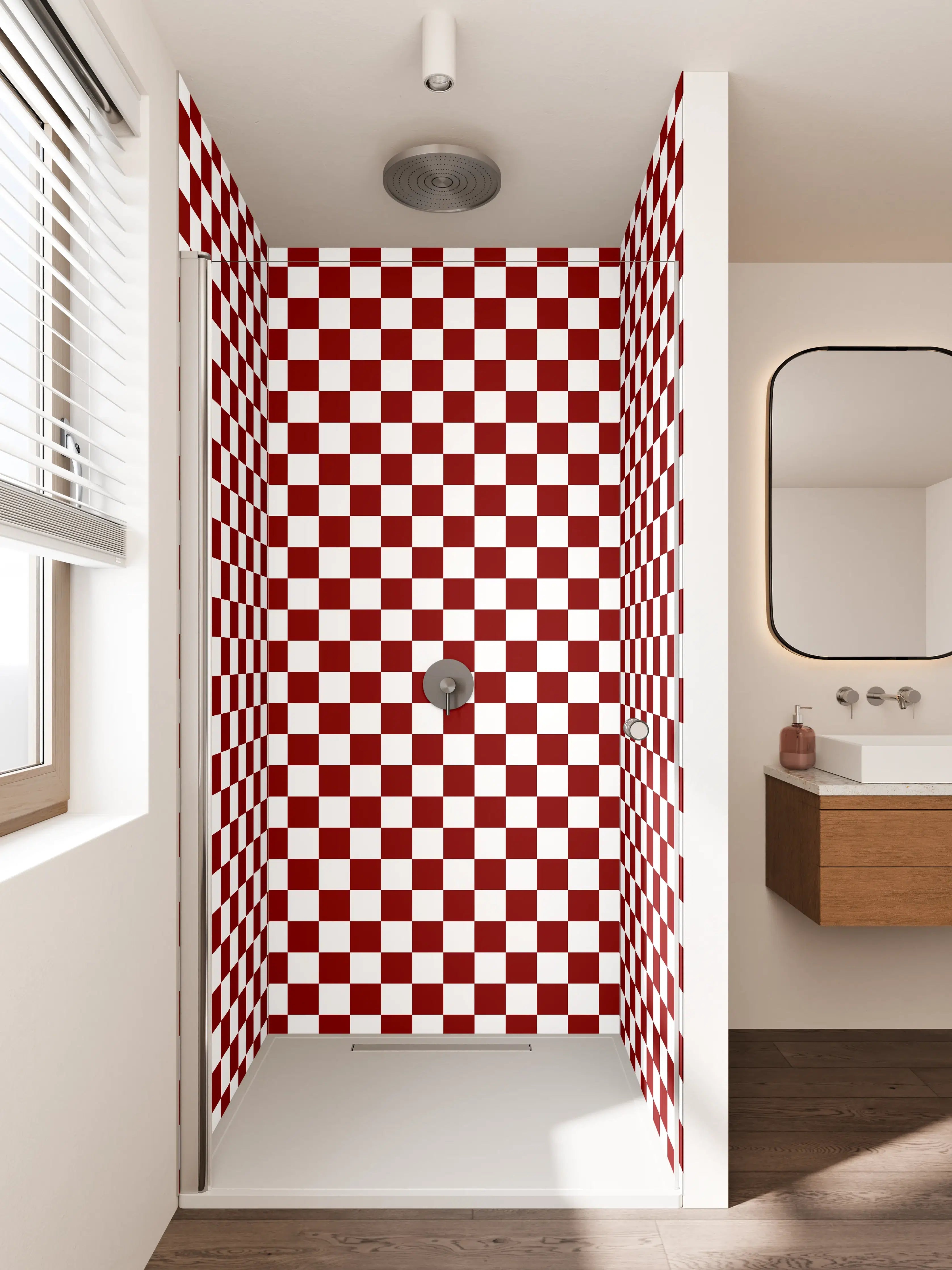 Duschrückwand - Bunte Karomuster in Rot und Weiß