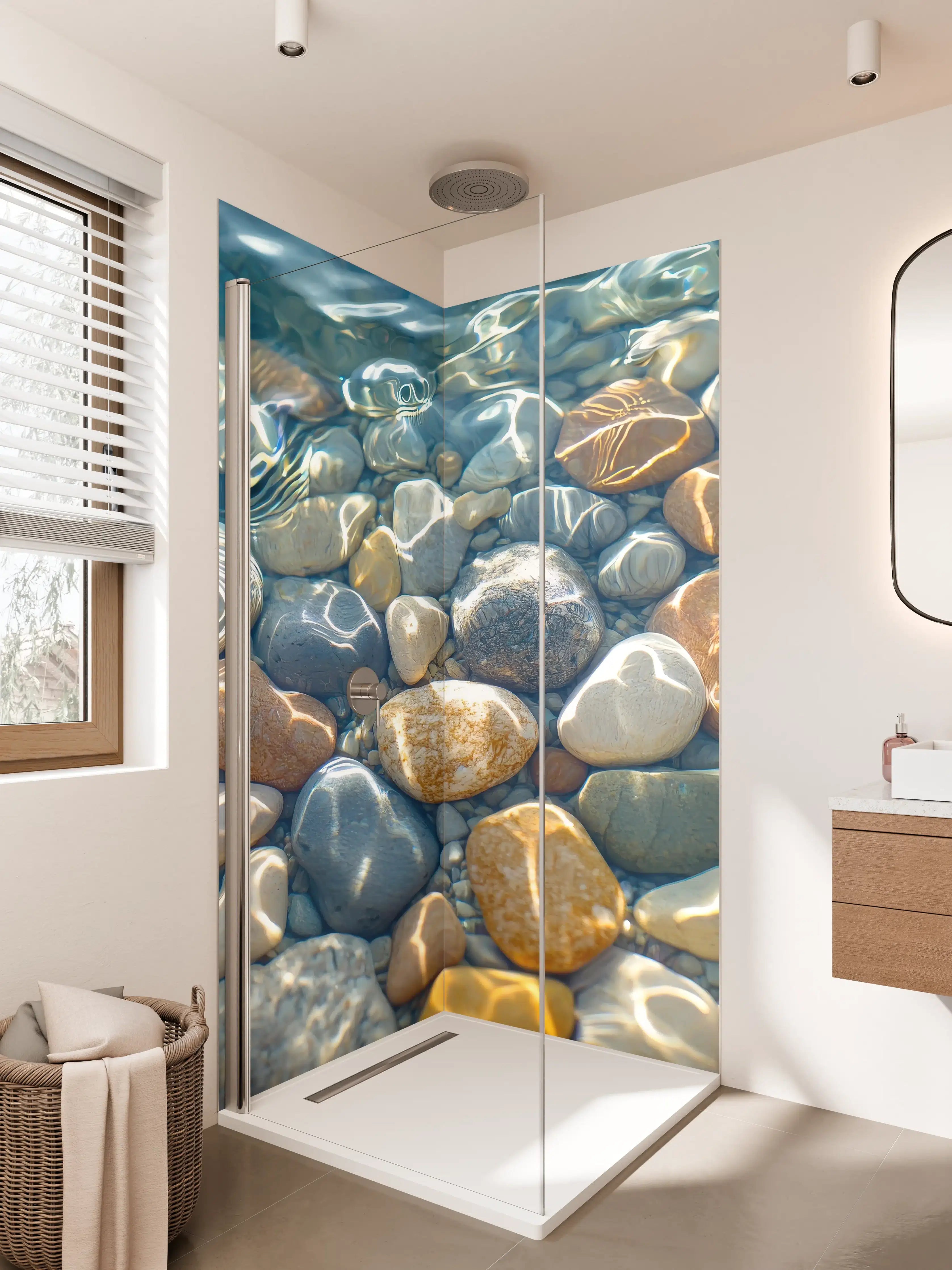 Duschrückwand - Bunte Kieselsteine am Wasser