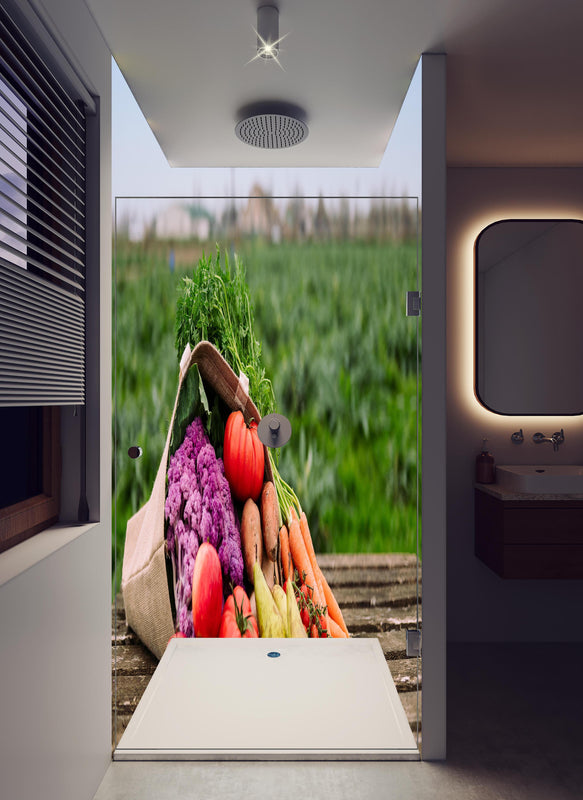 Duschrückwand - Bunte Vielfalt frischer Bio-Ernte in hellem Badezimmer mit Regenduschkopf  - zweiteilige Eck-Duschrückwand