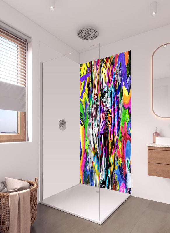 Duschrückwand - Bunter Tigerkopf mit abstrakten Elementen  in hellem Badezimmer mit Regenduschkopf  - zweiteilige Eck-Duschrückwand