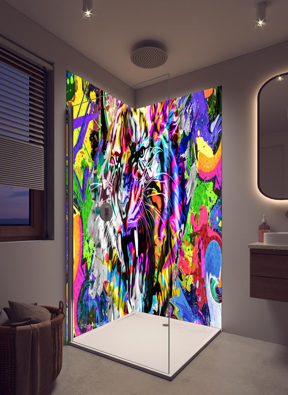 Duschrückwand - Bunter Tigerkopf mit abstrakten Elementen  in hellem Badezimmer mit Regenduschkopf  - zweiteilige Eck-Duschrückwand