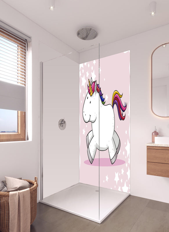 Duschrückwand - Buntes Einhorn Vektor für Kinder in hellem Badezimmer mit Regenduschkopf  - zweiteilige Eck-Duschrückwand