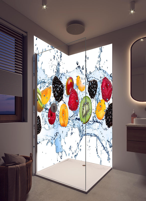 Duschrückwand - Buntes Fruchtwasser-Splash Fotografie in hellem Badezimmer mit Regenduschkopf  - zweiteilige Eck-Duschrückwand