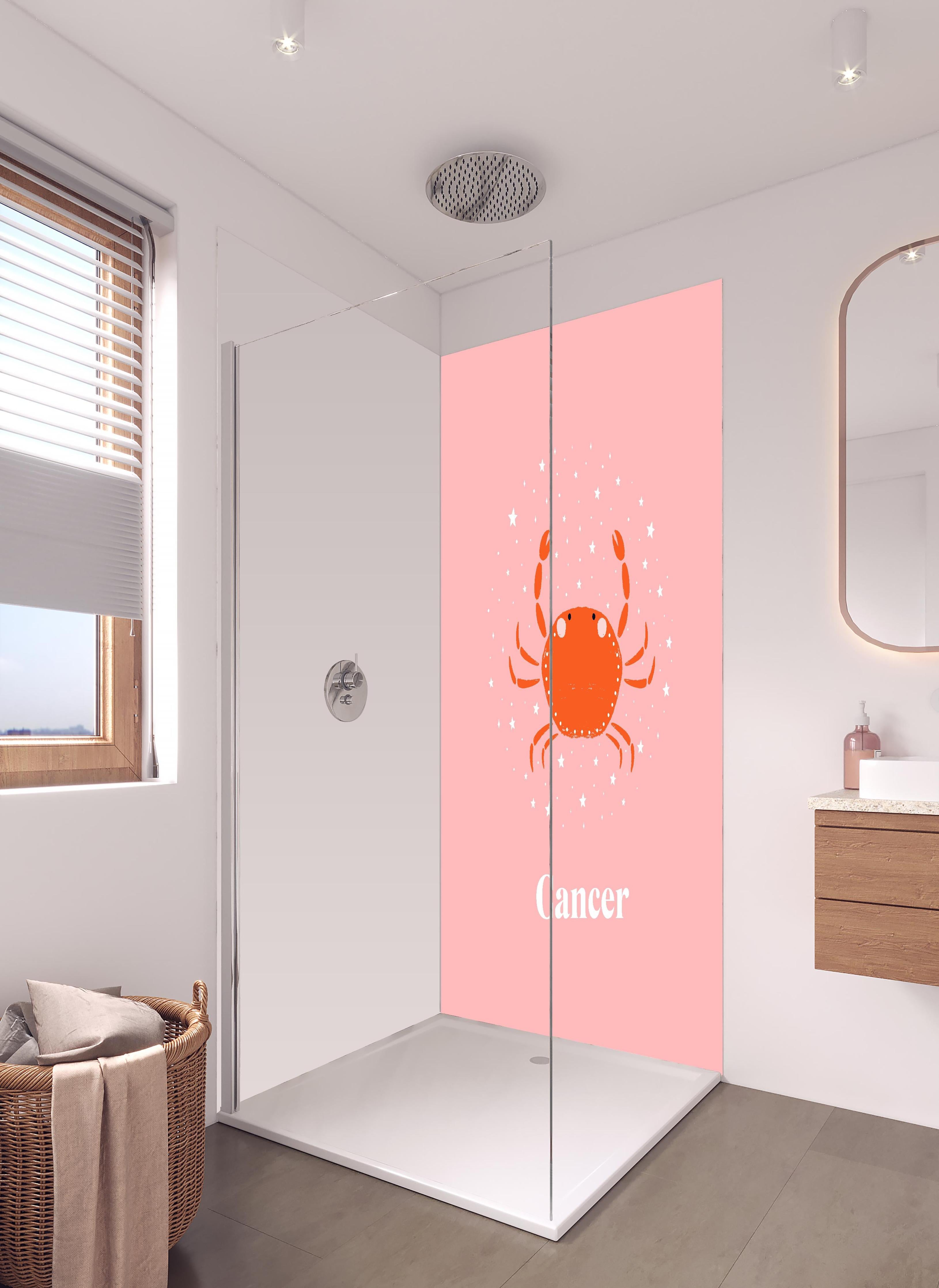 Duschrückwand - Cancer Zodiac Illustration in Pink in hellem Badezimmer mit Regenduschkopf  - zweiteilige Eck-Duschrückwand