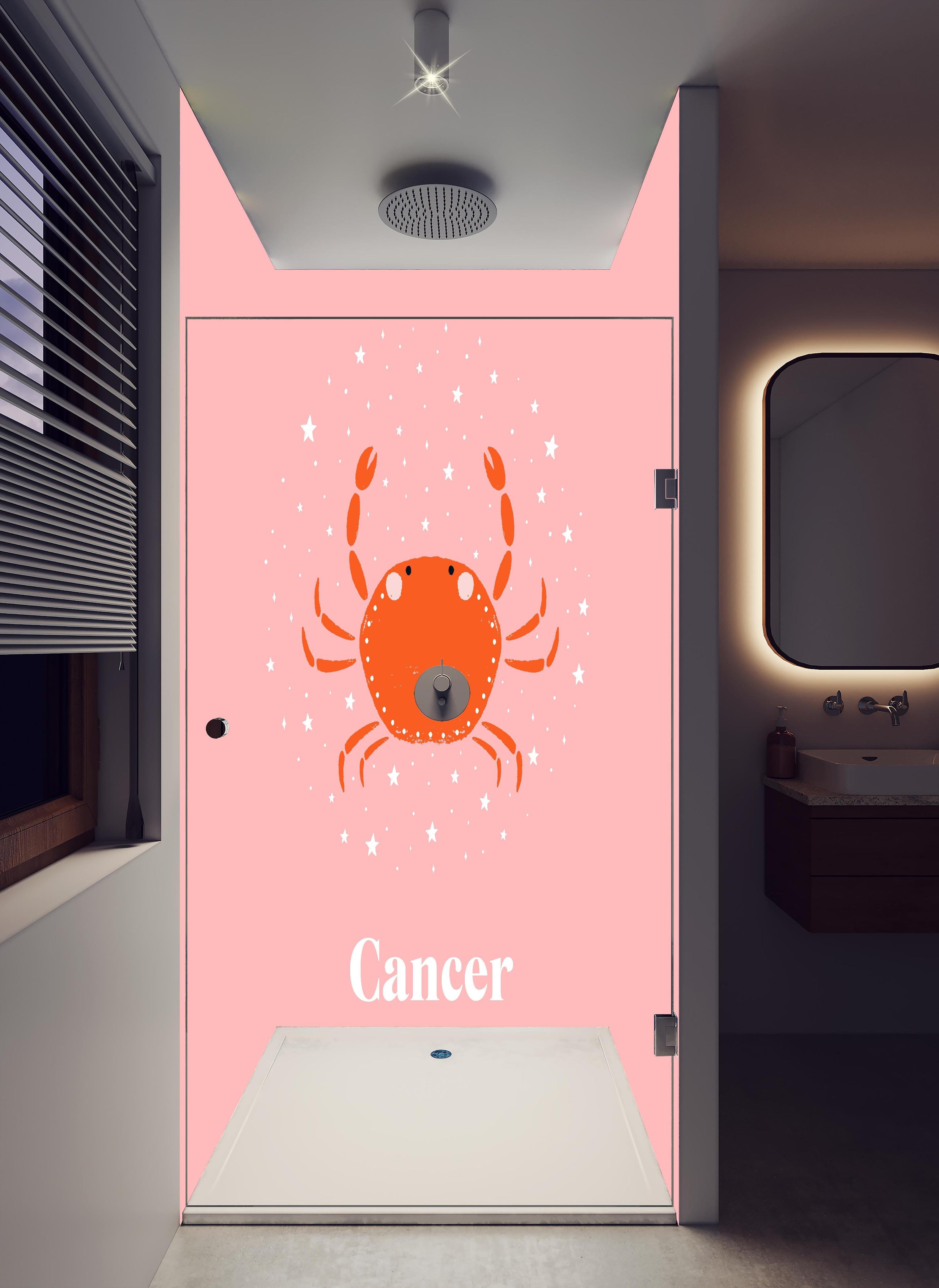 Duschrückwand - Cancer Zodiac Illustration in Pink in hellem Badezimmer mit Regenduschkopf  - zweiteilige Eck-Duschrückwand