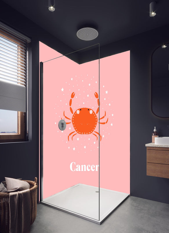 Duschrückwand - Cancer Zodiac Illustration in Pink in hellem Badezimmer mit Regenduschkopf  - zweiteilige Eck-Duschrückwand