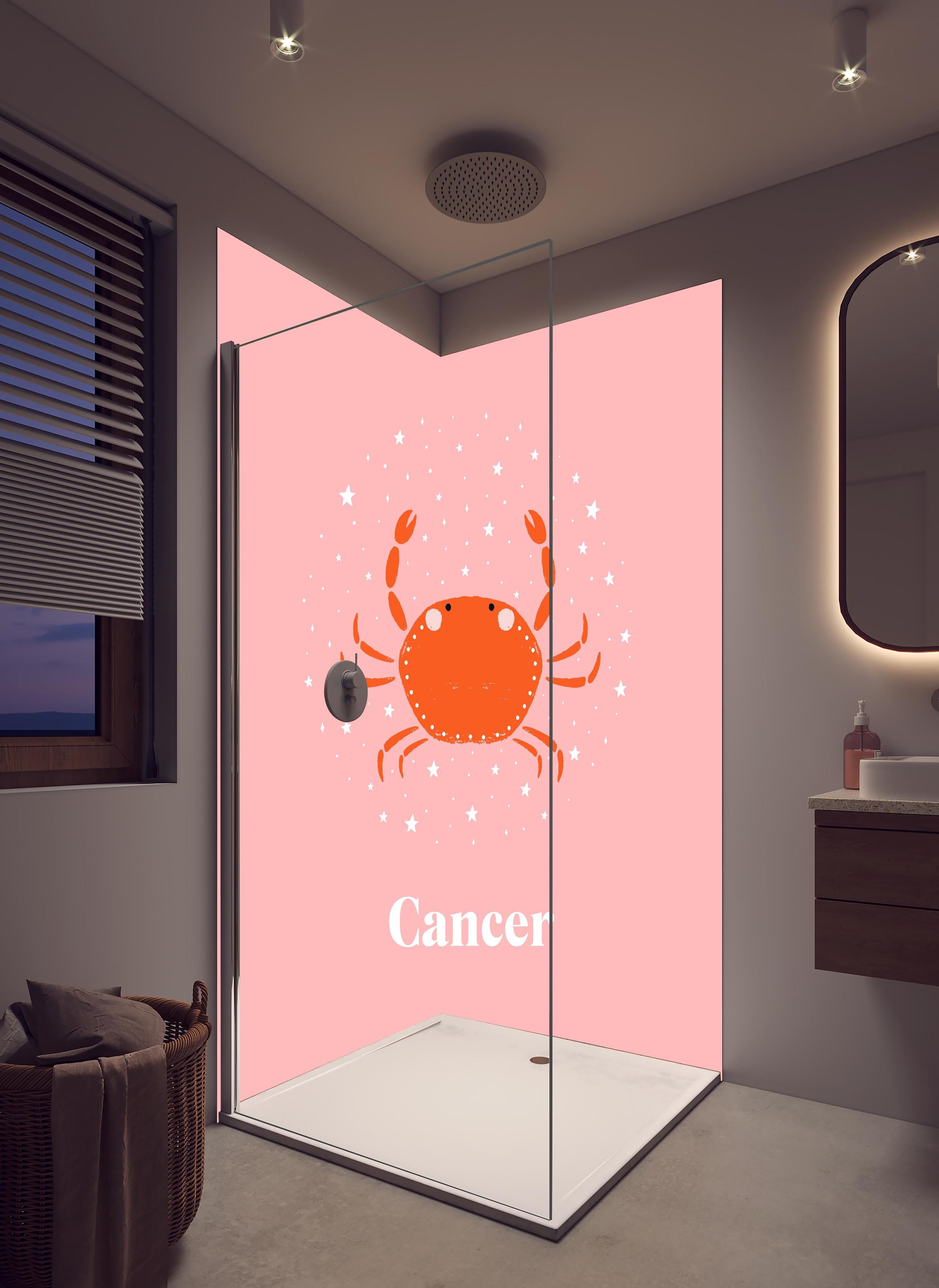 Duschrückwand - Cancer Zodiac Illustration in Pink in hellem Badezimmer mit Regenduschkopf  - zweiteilige Eck-Duschrückwand