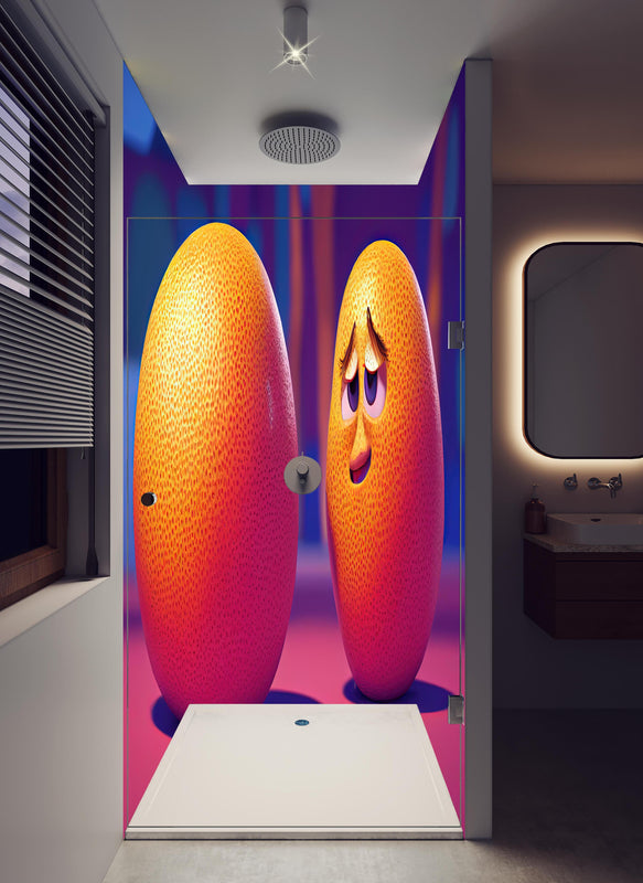 Duschrückwand - Cartoon Orangen in hellem Badezimmer mit Regenduschkopf  - zweiteilige Eck-Duschrückwand