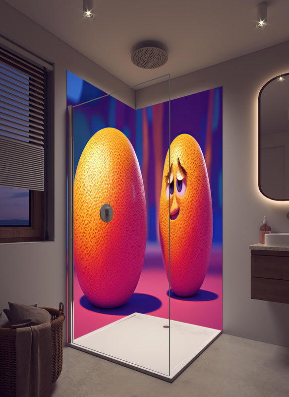 Duschrückwand - Cartoon Orangen in hellem Badezimmer mit Regenduschkopf  - zweiteilige Eck-Duschrückwand