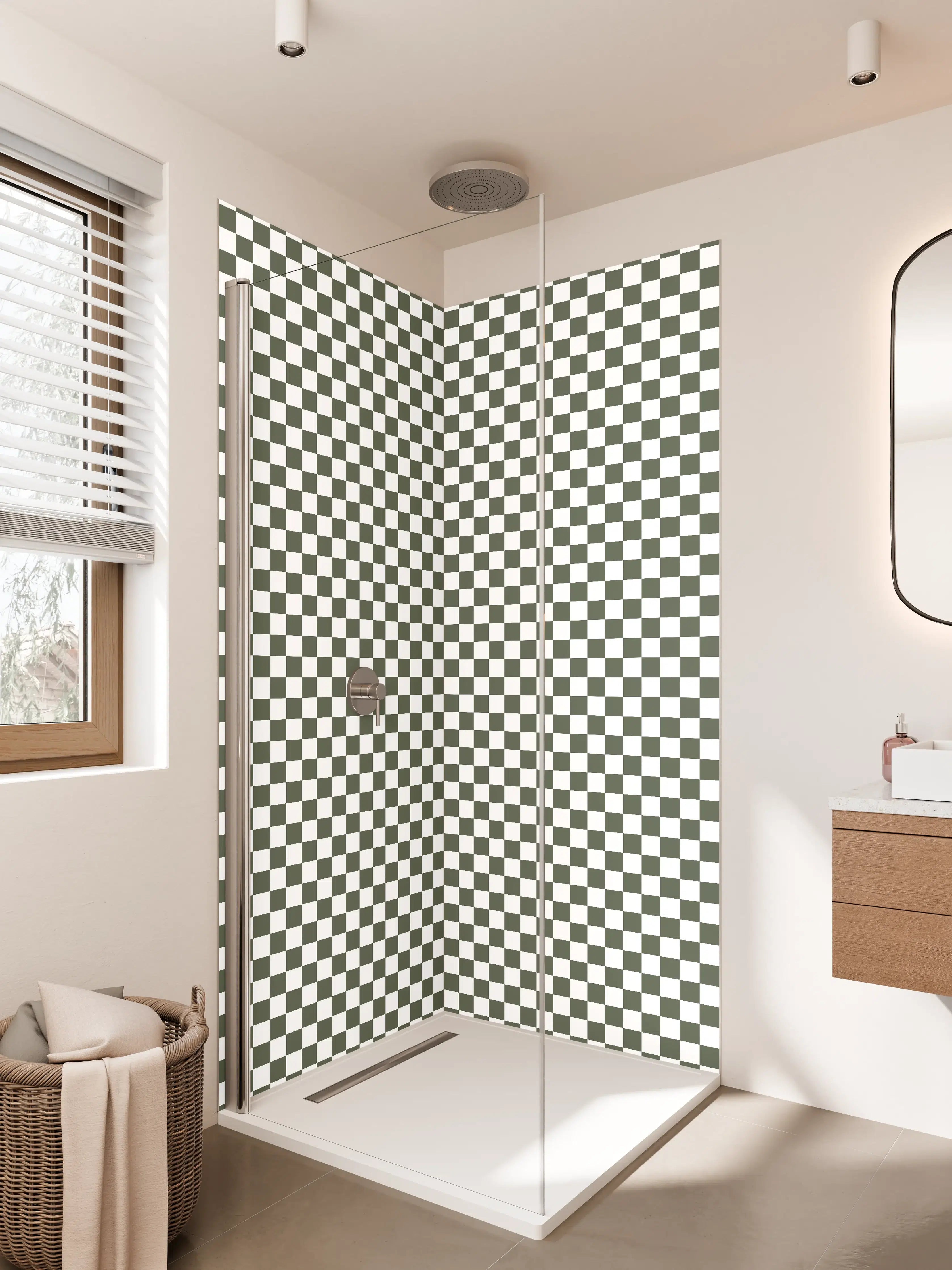 Duschrückwand - Checkered Pattern in Schwarz-Weiß