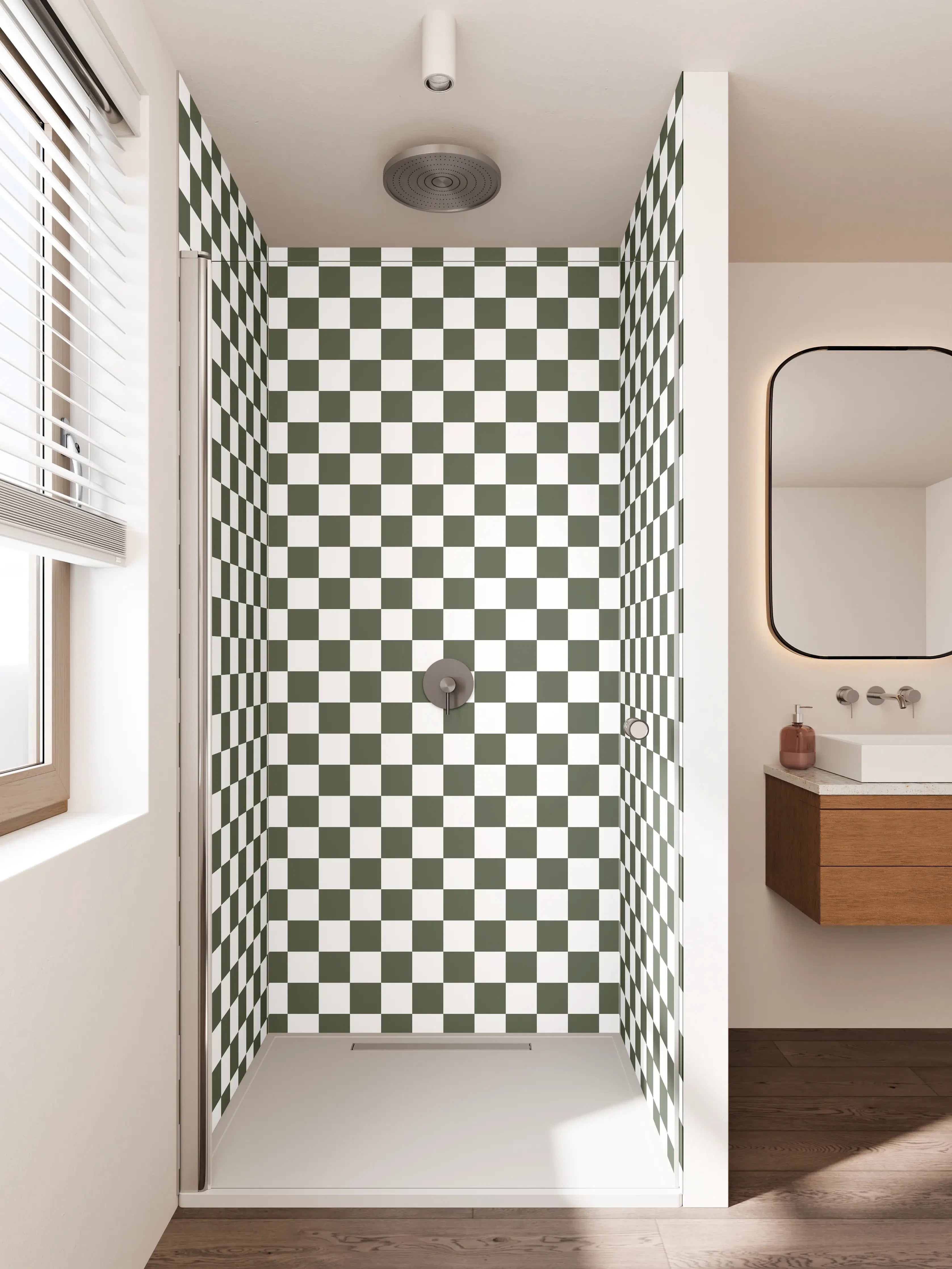 Duschrückwand - Checkered Pattern in Schwarz-Weiß