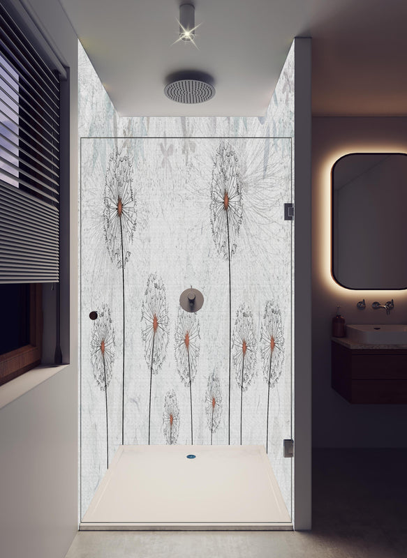 Duschrückwand - Dekoratives Löwenzahn Gemälde in hellem Badezimmer mit Regenduschkopf  - zweiteilige Eck-Duschrückwand