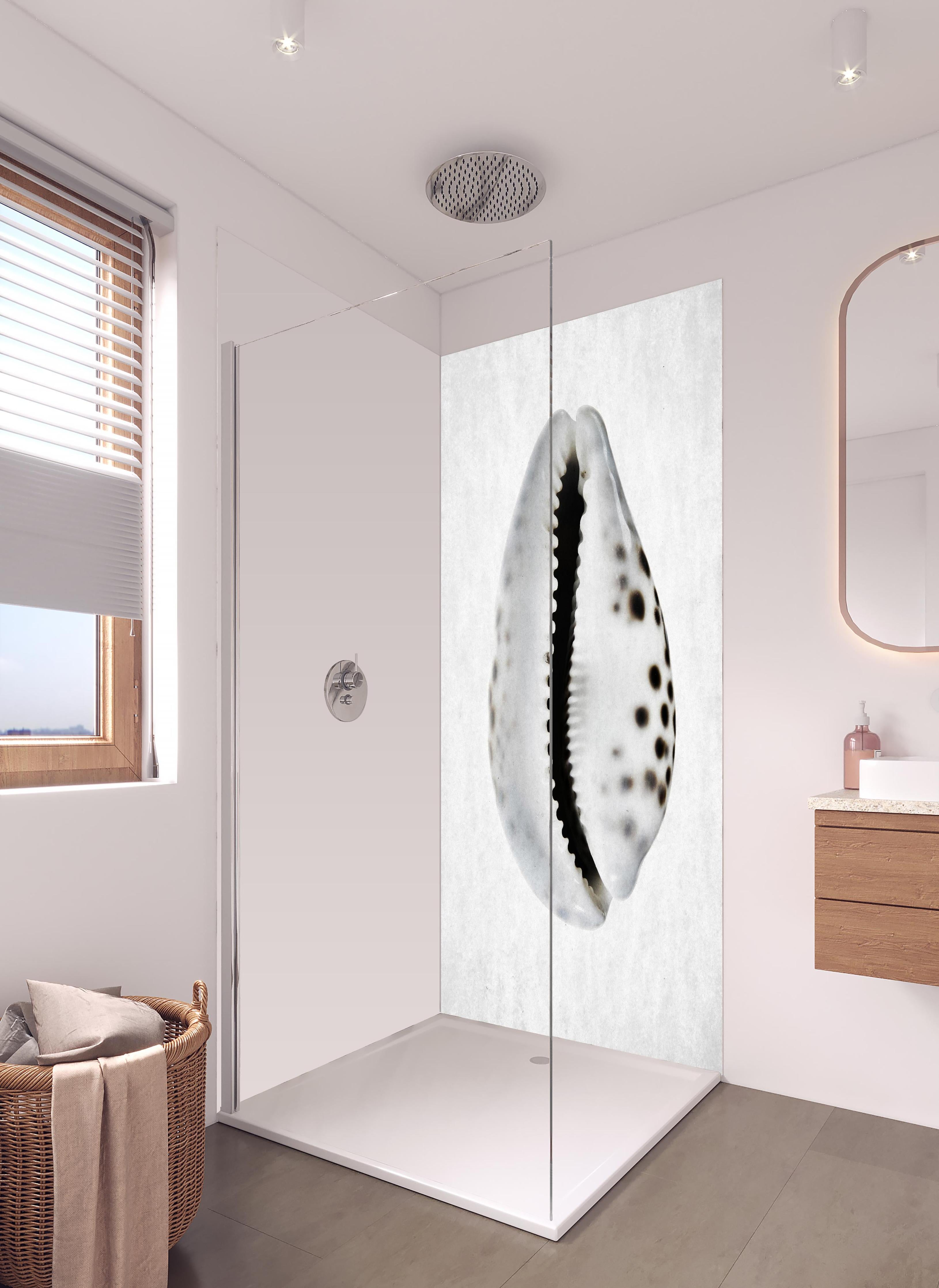 Duschrückwand - Detailbild Weiße Schnecke mit Grau-Sprenkeln in hellem Badezimmer mit Regenduschkopf  - zweiteilige Eck-Duschrückwand
