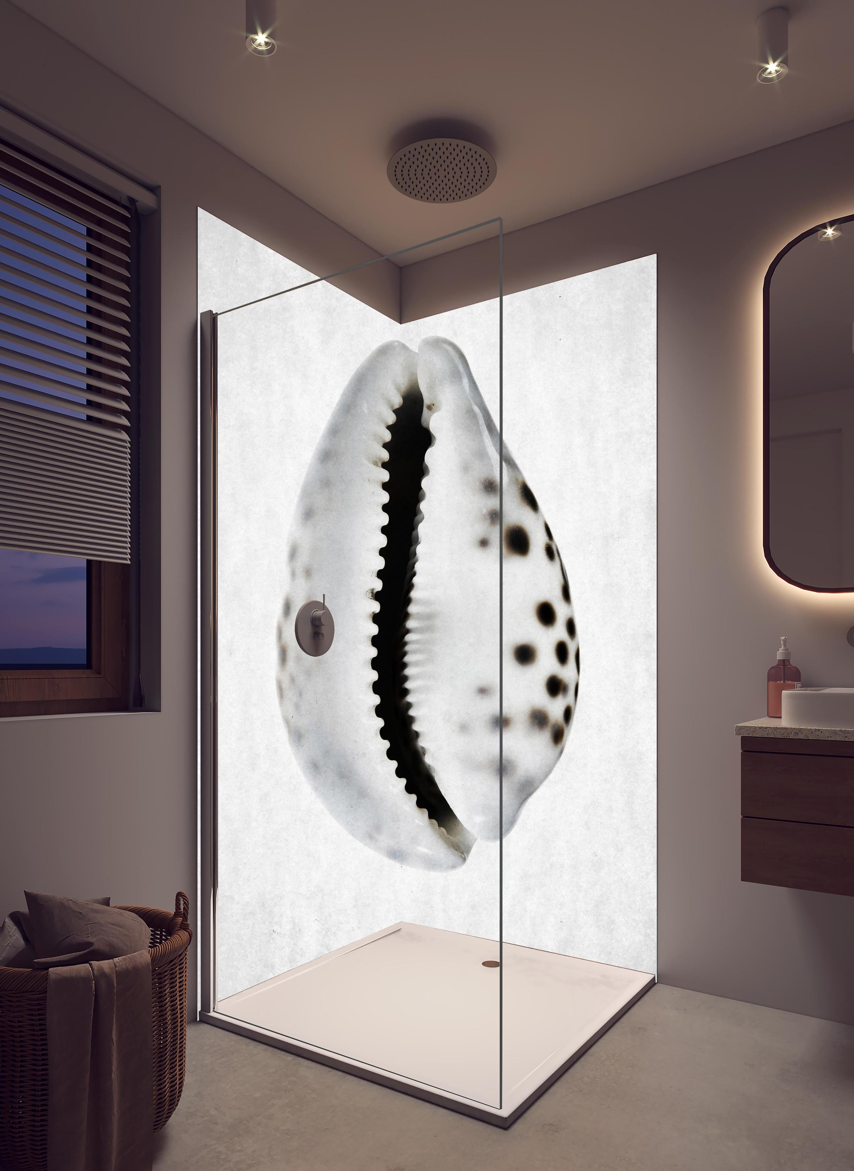 Duschrückwand - Detailbild Weiße Schnecke mit Grau-Sprenkeln in hellem Badezimmer mit Regenduschkopf  - zweiteilige Eck-Duschrückwand