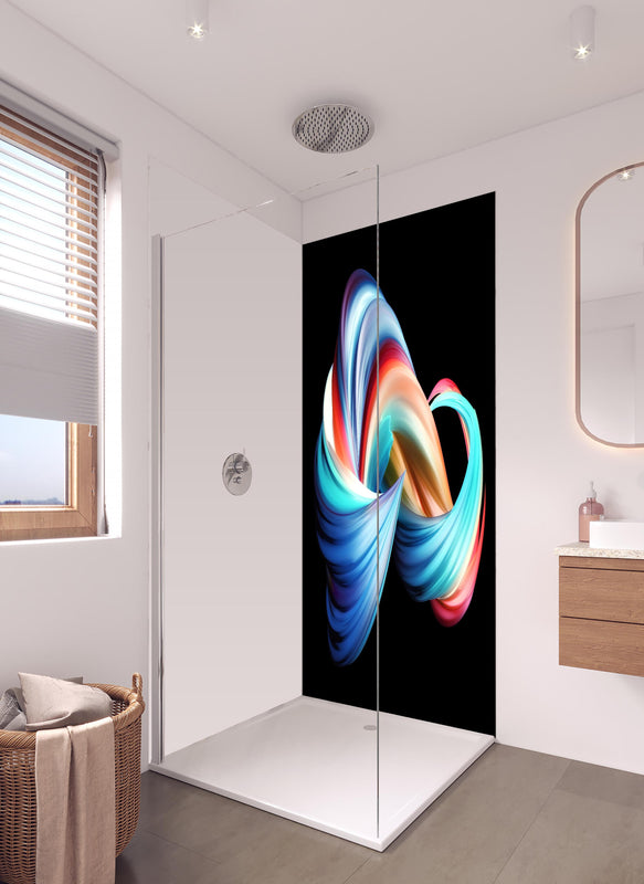Duschrückwand - Digitale Kunst - 3D in hellem Badezimmer mit Regenduschkopf  - zweiteilige Eck-Duschrückwand
