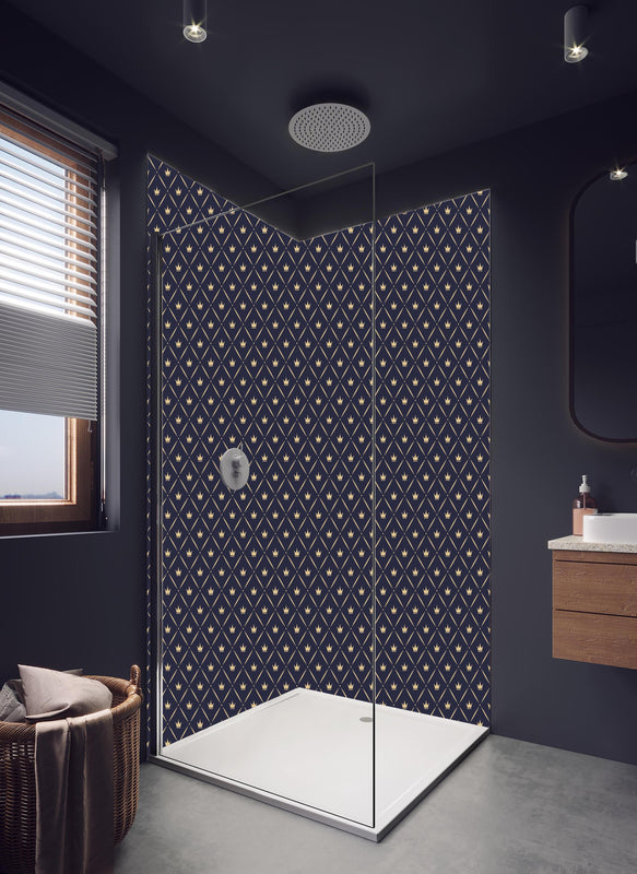 Duschrückwand - Dunkelblau Weißes Geometrisches Design in hellem Badezimmer mit Regenduschkopf  - zweiteilige Eck-Duschrückwand
