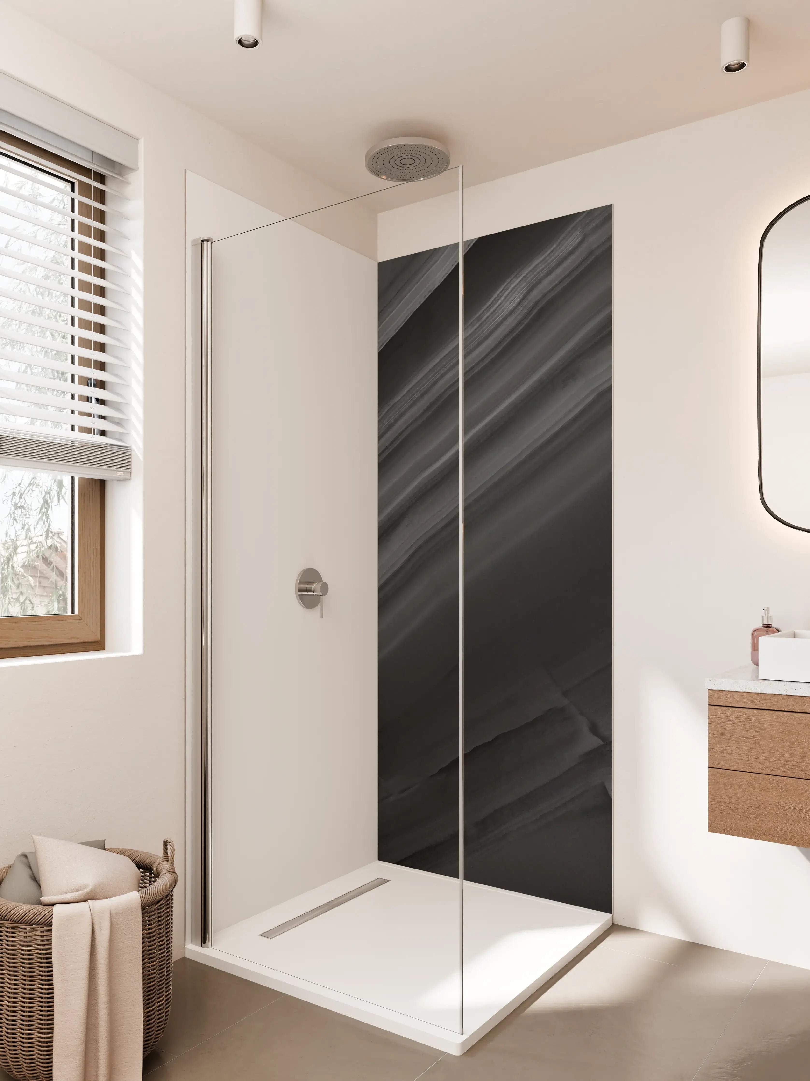 Duschrückwand - Dunkle Marmorstruktur in Schwarz